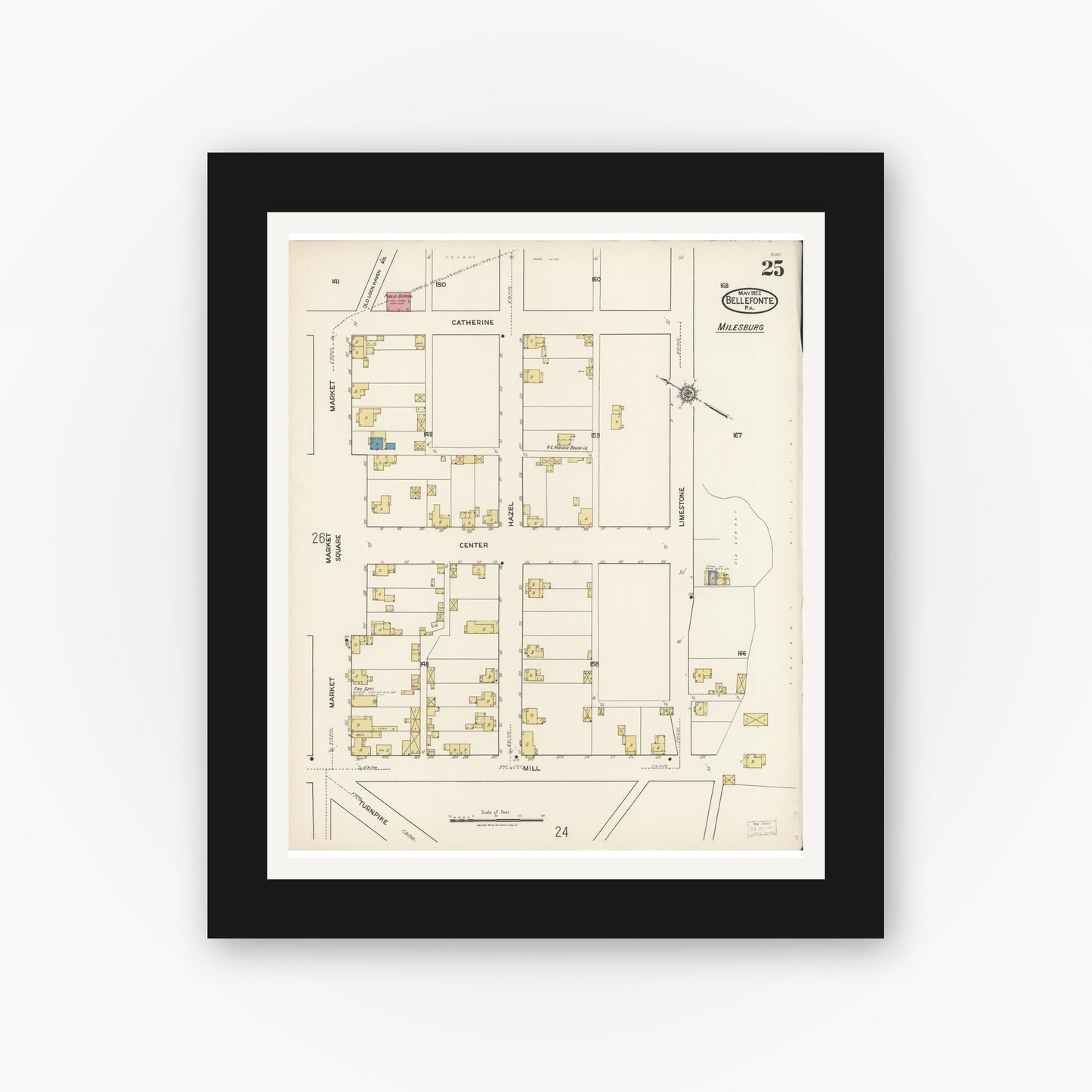 Old map wall art mockup — black gallery frame with white mat — Sanborn Fire Insurance Map from Bellefonte, Centre County, Pennsylvania (1922), Sheet #0025