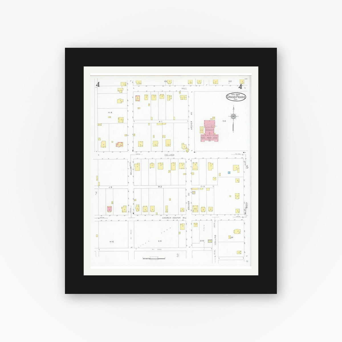 Old map wall art mockup — black gallery frame with white mat — Sanborn Fire Insurance Map from Grand Prairie, Dallas County, Texas (1929), Sheet #0004