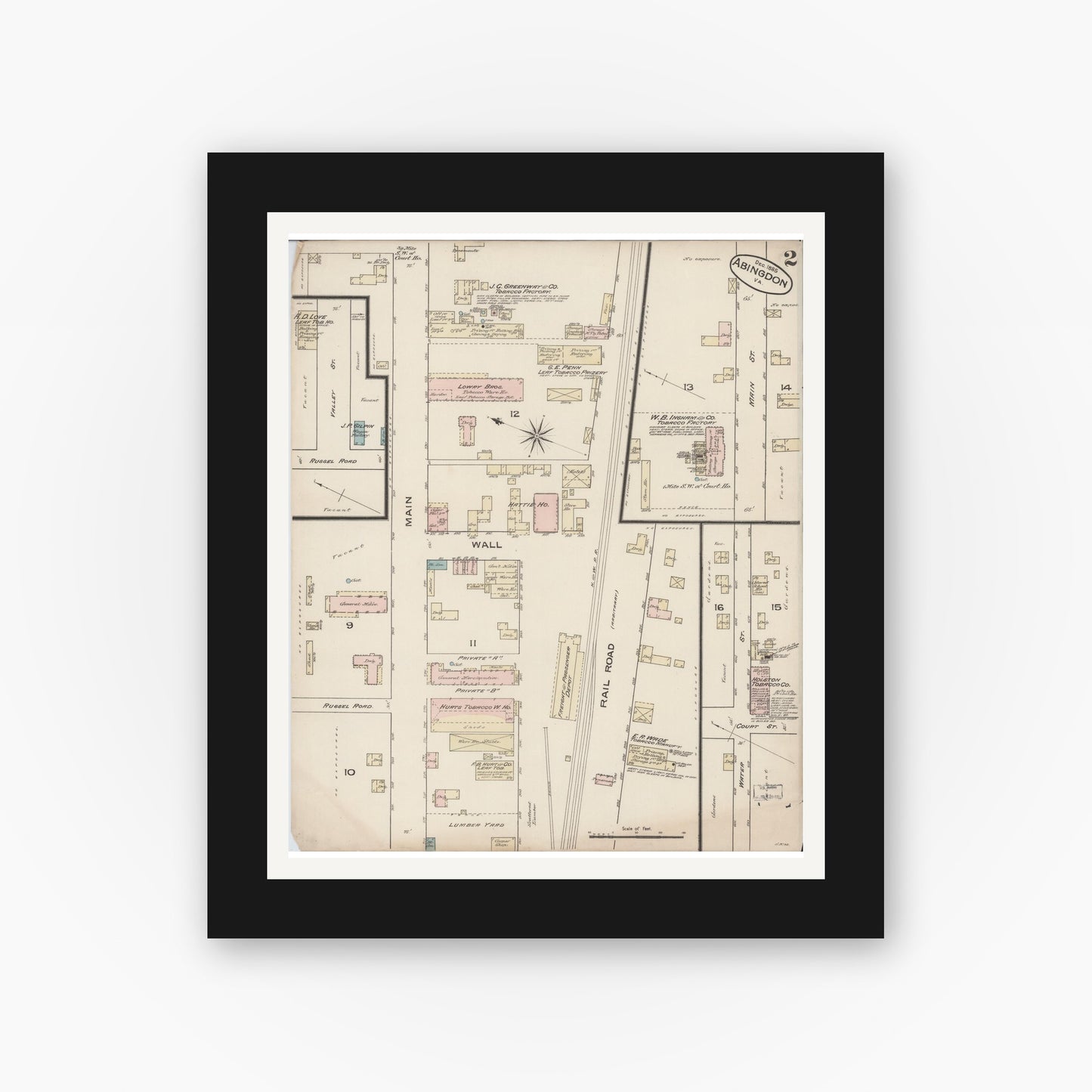 Old map wall art mockup — black gallery frame with white mat — Sanborn Fire Insurance Map from Abingdon, Washington County, Virginia (Unknown), Sheet #0002
