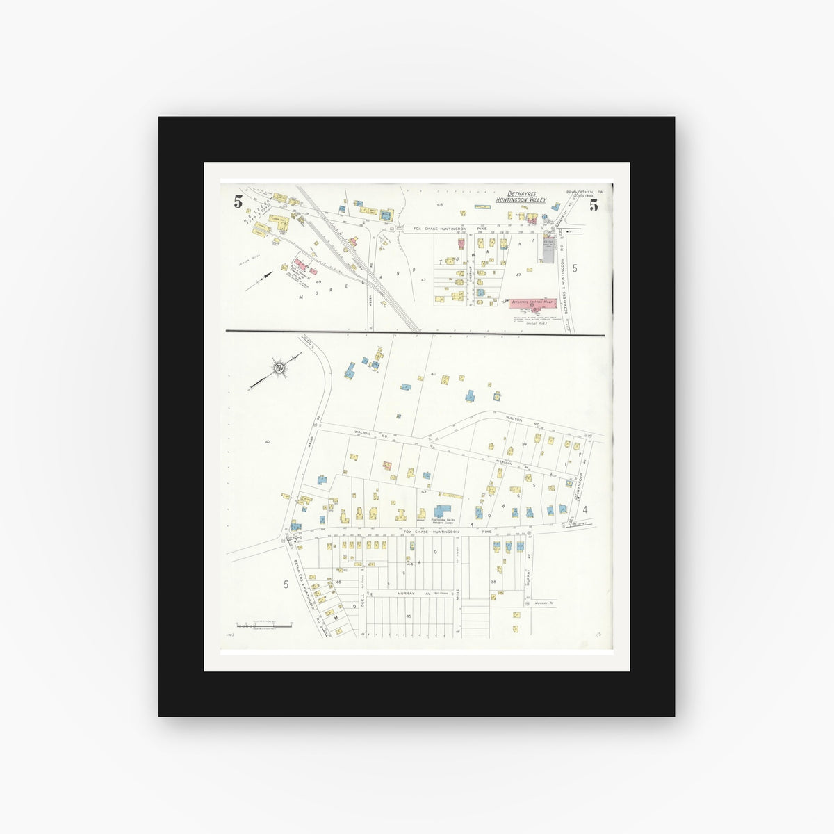 Old map wall art mockup — black gallery frame with white mat — Sanborn Fire Insurance Map from Bryn Athyn, Montgomery County, Pennsylvania (1933), Sheet #0005