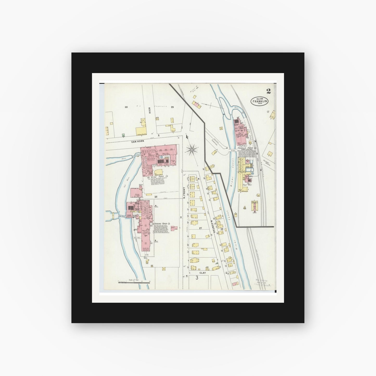 Old map wall art mockup — black gallery frame with white mat — Sanborn Fire Insurance Map from Franklin, Warren County, Ohio (1898), Sheet #0002