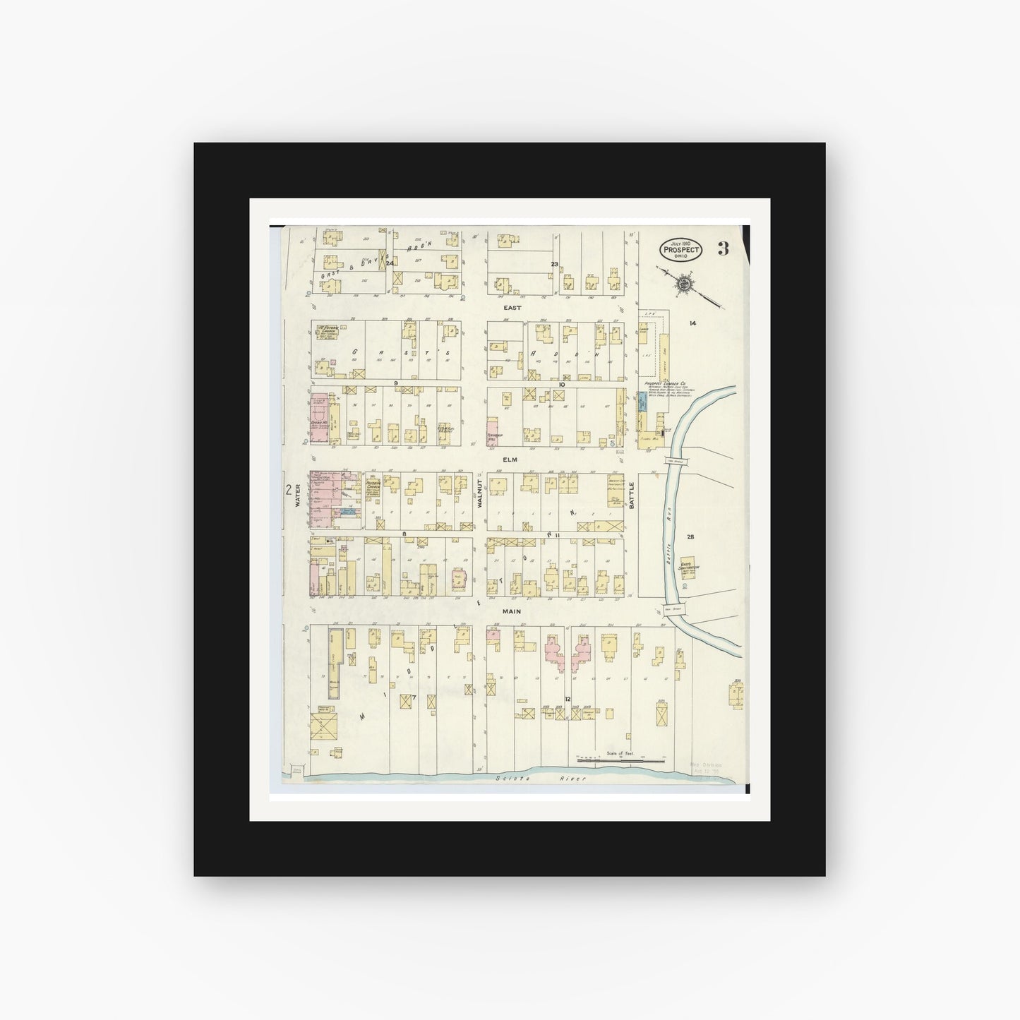 Old map wall art mockup — black gallery frame with white mat — Sanborn Fire Insurance Map from Prospect, Marion County, Ohio (1910), Sheet #0003