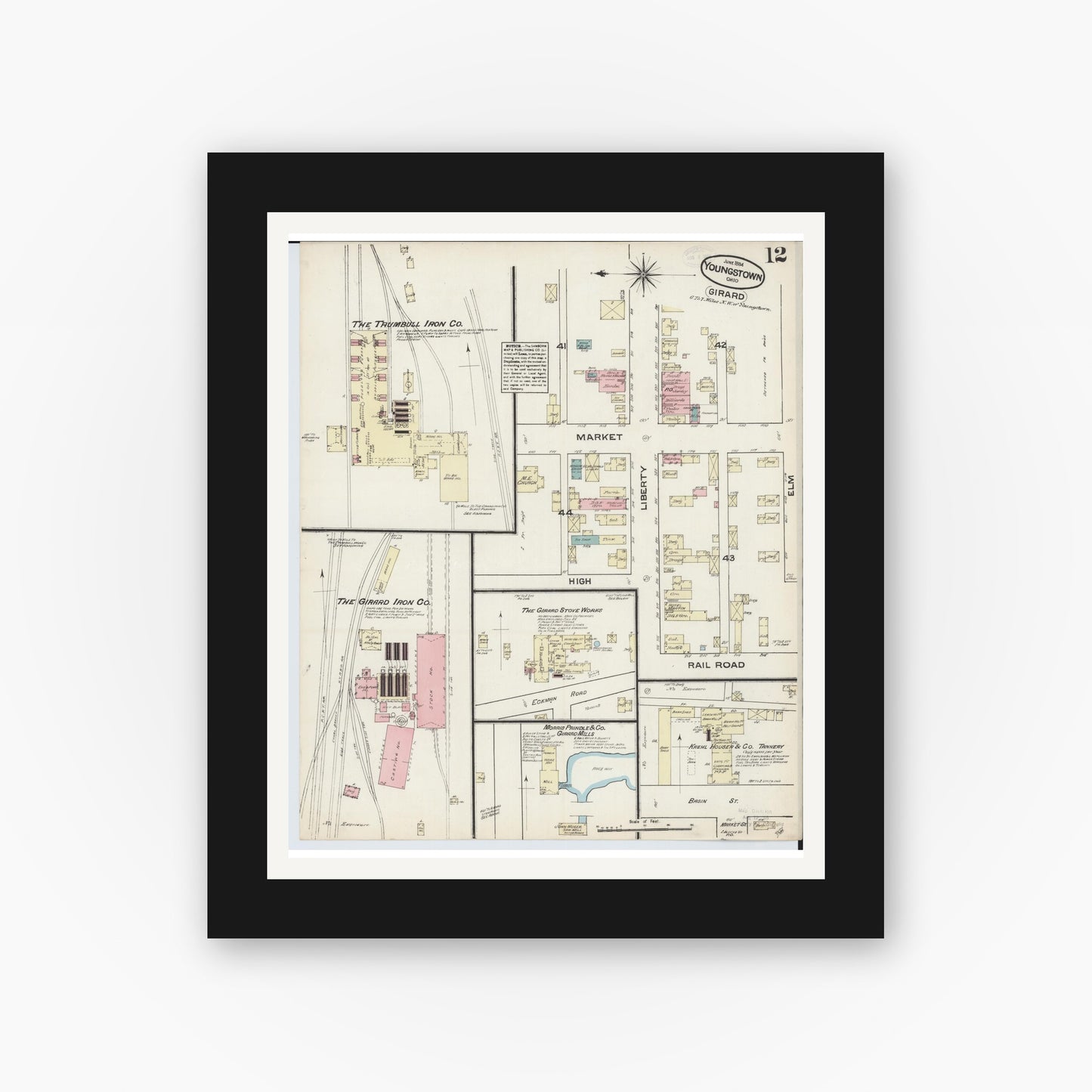 Old map wall art mockup — black gallery frame with white mat — Sanborn Fire Insurance Map from Youngstown, Mahoning County, Ohio (1884), Sheet #0012