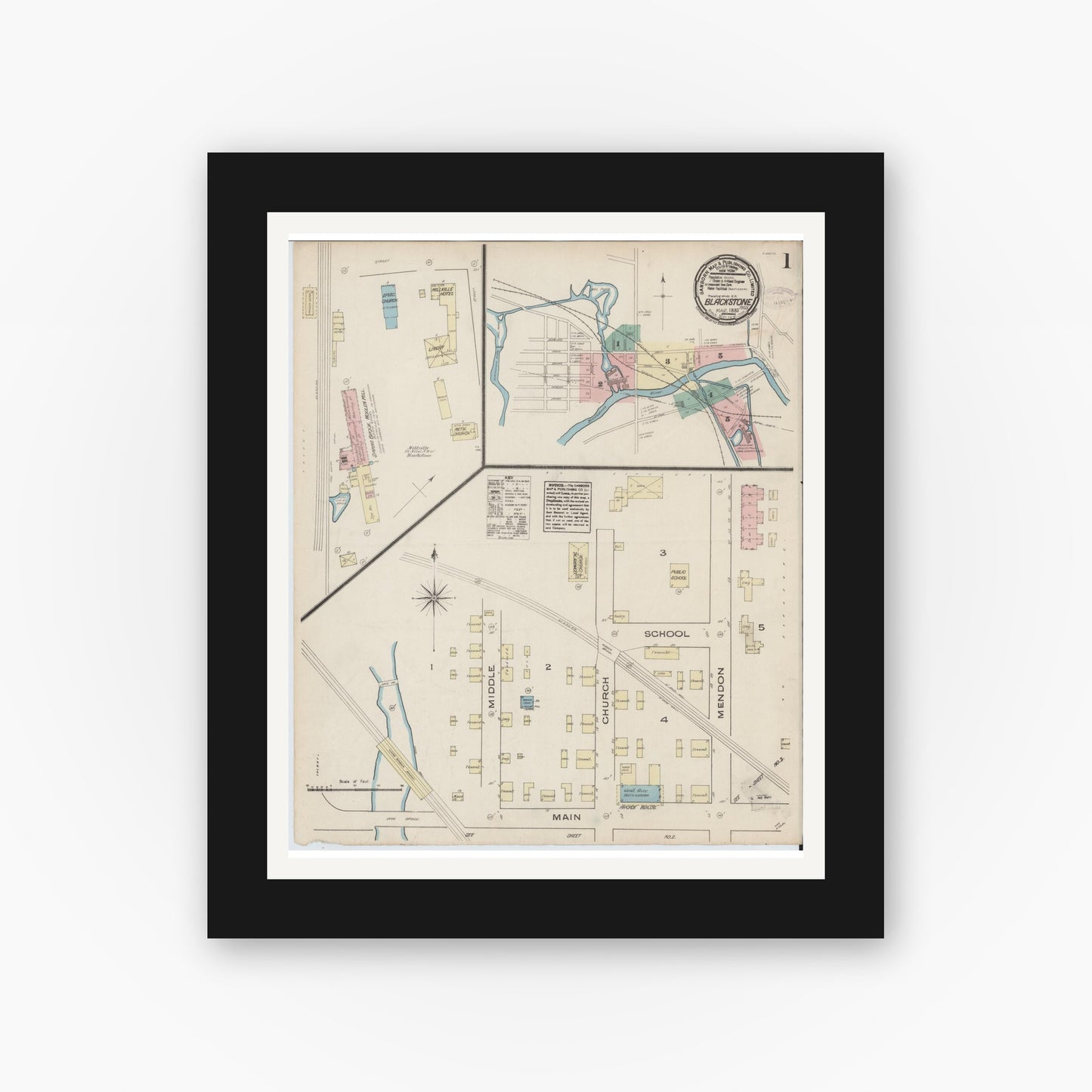 Old map wall art mockup — black gallery frame with white mat — Sanborn Fire Insurance Map from Blackstone, Worcester County, Massachusetts (1885) - Complete Map Set