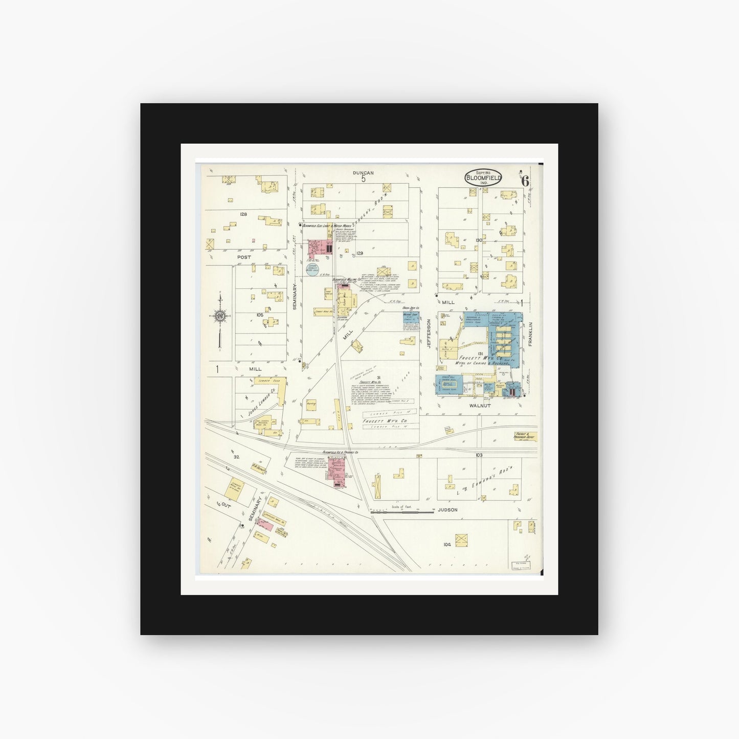 Old map wall art mockup — black gallery frame with white mat — Sanborn Fire Insurance Map from Bloomfield, Greene County, Indiana (1913), Sheet #0006