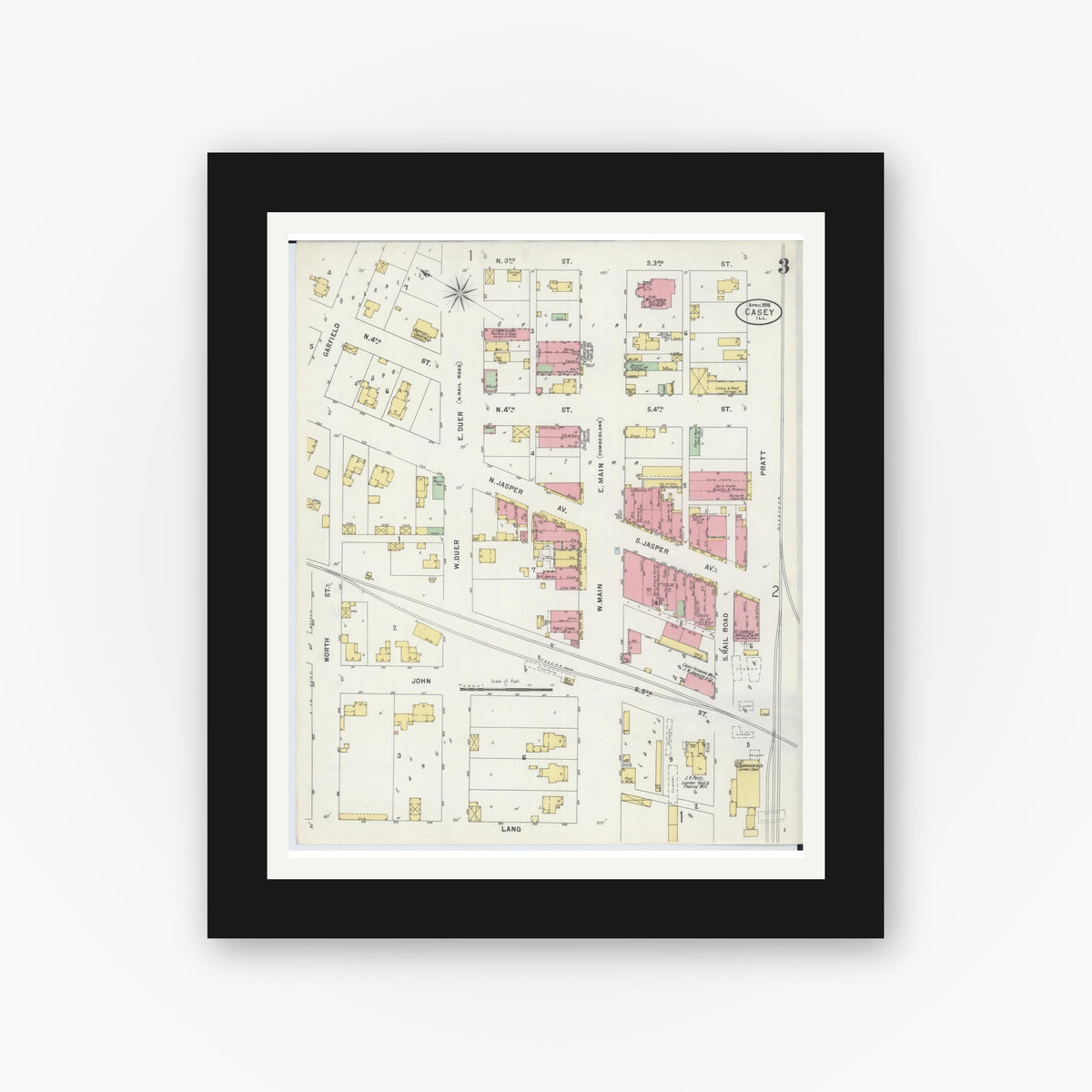 Old map wall art mockup — black gallery frame with white mat — Sanborn Fire Insurance Map from Casey, Clark County, Illinois (1898), Sheet #0003