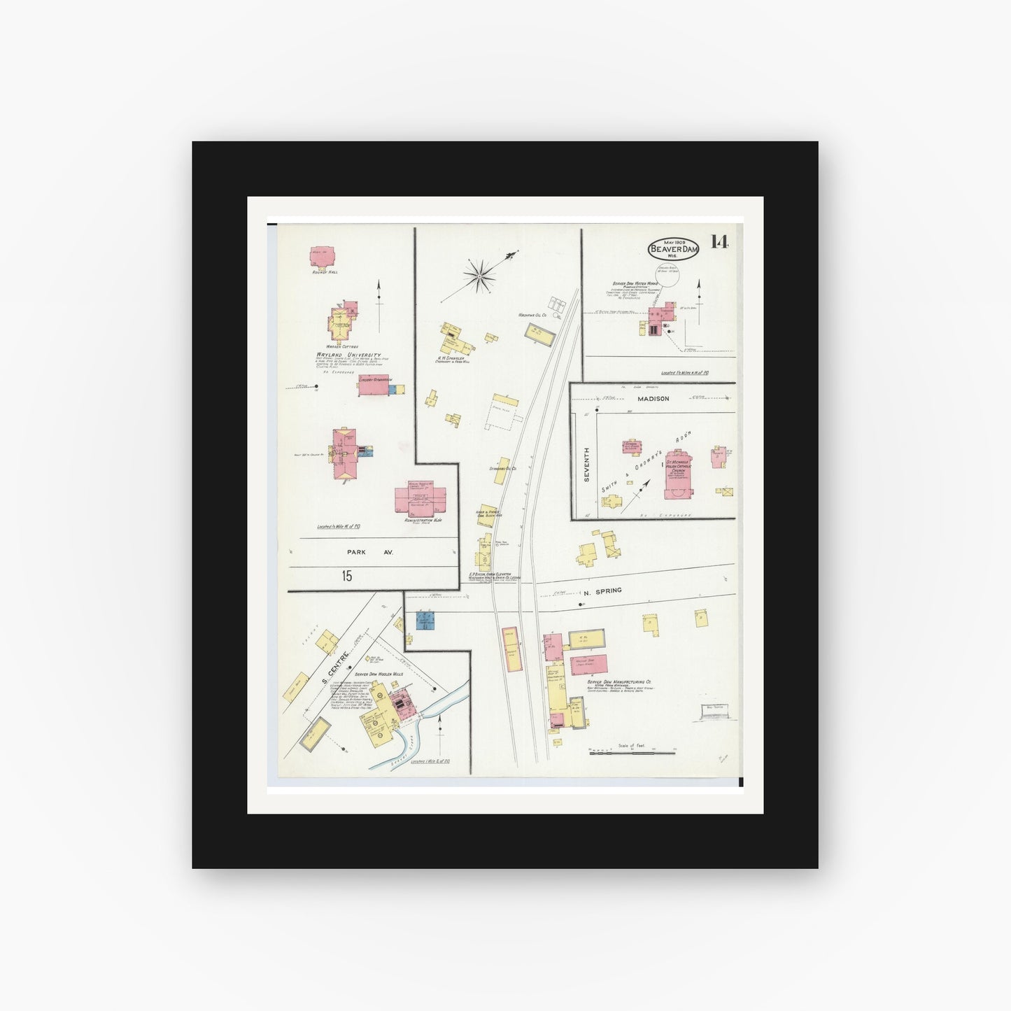 Old map wall art mockup — black gallery frame with white mat — Sanborn Fire Insurance Map from Beaver Dam, Dodge County, Wisconsin (1909), Sheet #0014