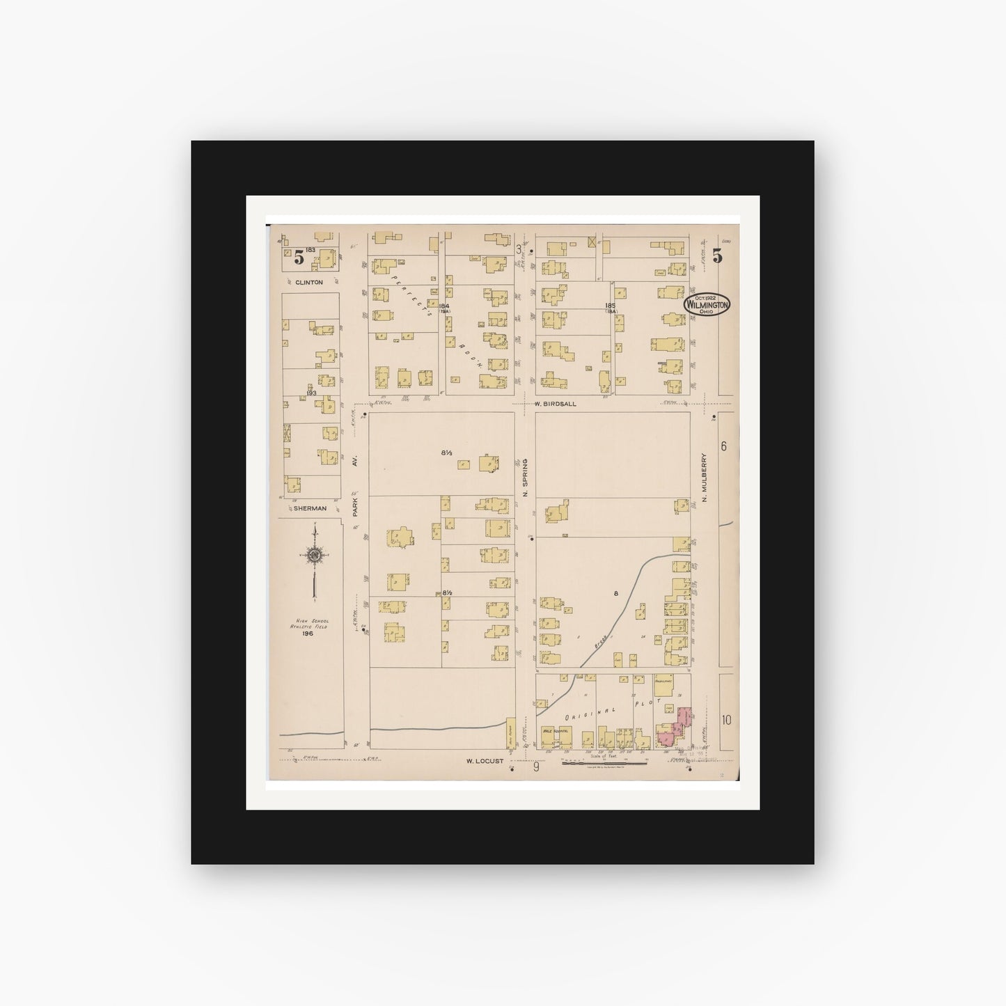 Old map wall art mockup — black gallery frame with white mat — Sanborn Fire Insurance Map from Wilmington, Clinton County, Ohio (1922), Sheet #0005