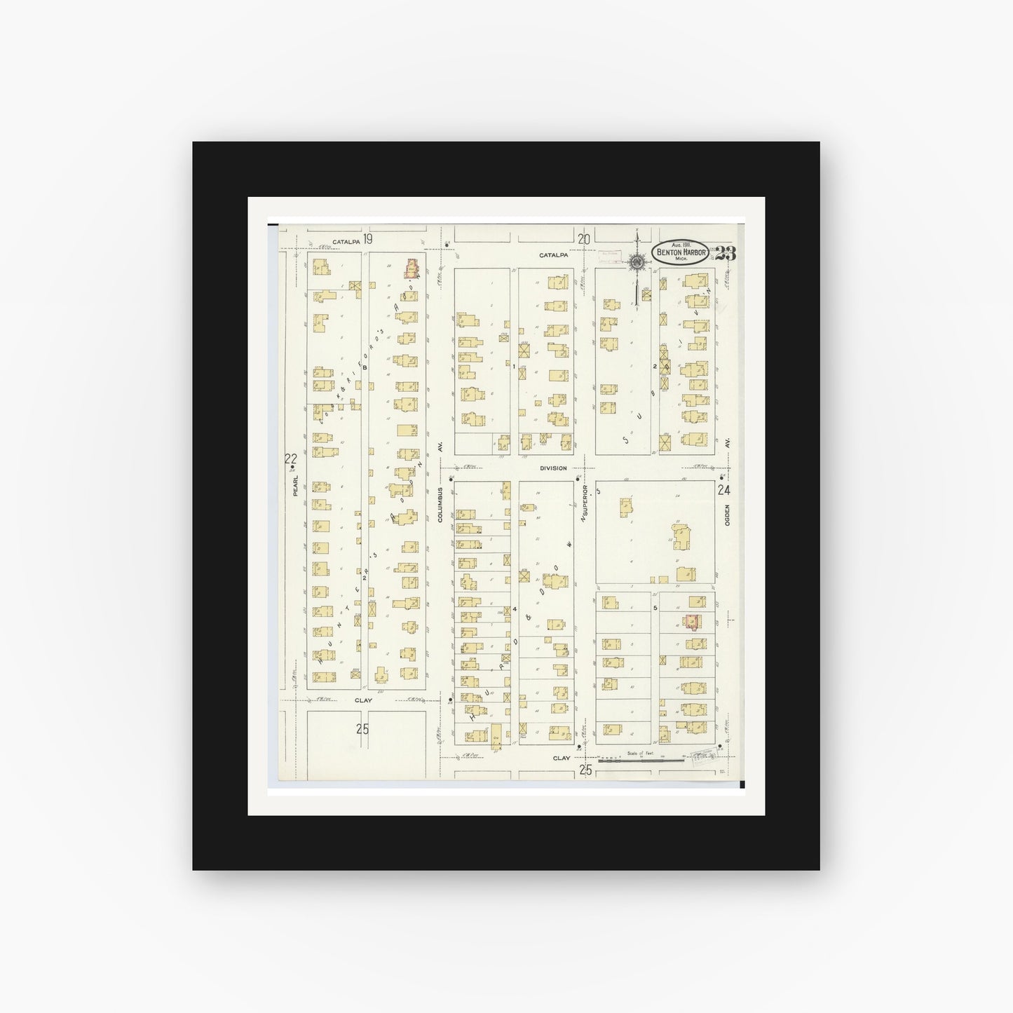Old map wall art mockup — black gallery frame with white mat — Sanborn Fire Insurance Map from Benton Harbor, Berrien County, Michigan (1911), Sheet #0023