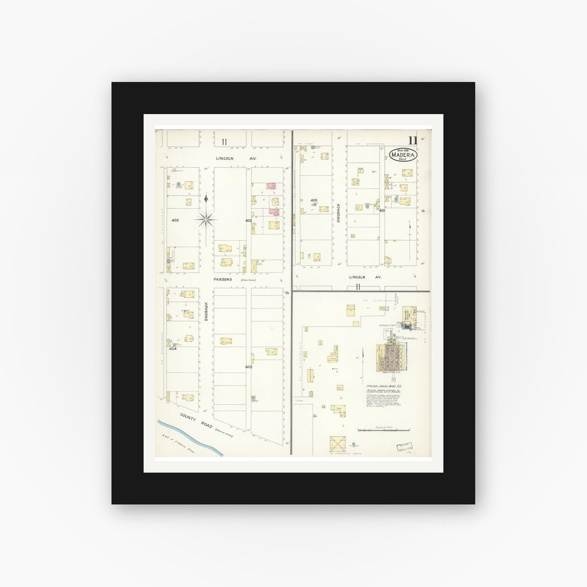 Old map wall art mockup — black gallery frame with white mat — Sanborn Fire Insurance Map from Madera, Madera County, California (1898), Sheet #0011
