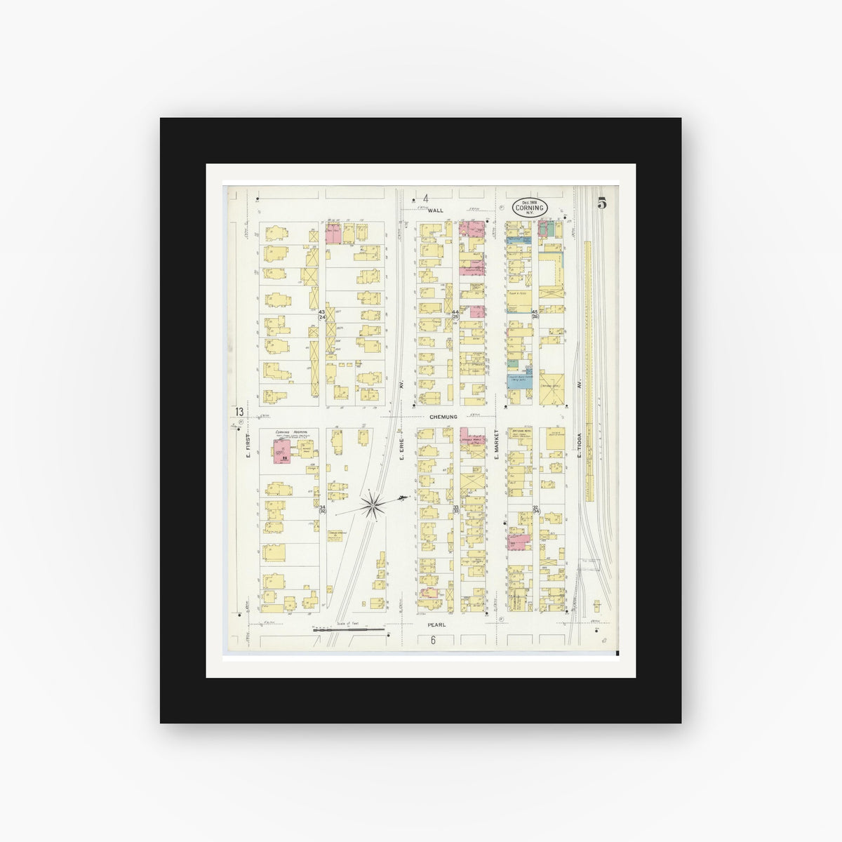 Old map wall art mockup — black gallery frame with white mat — Sanborn Fire Insurance Map from Corning, Steuben County, New York (1908), Sheet #0005