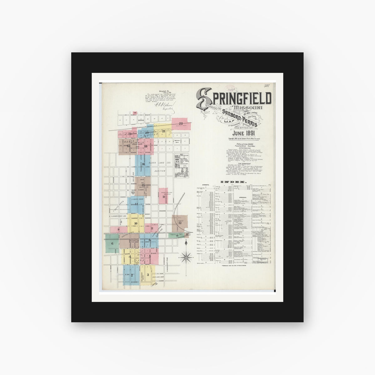Old map wall art mockup — black gallery frame with white mat — Sanborn Fire Insurance Map from Springfield, Greene County, Missouri (1891), Sheet #0001