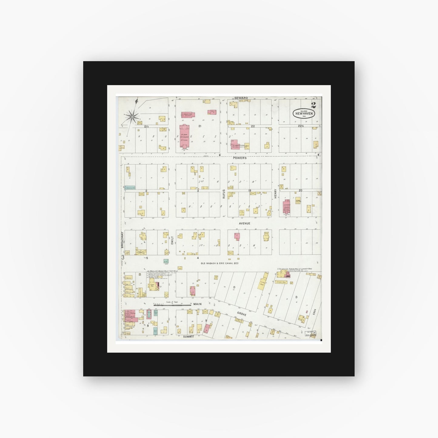 Old map wall art mockup — black gallery frame with white mat — Sanborn Fire Insurance Map from New Haven, Allen County, Indiana (1900), Sheet #0002