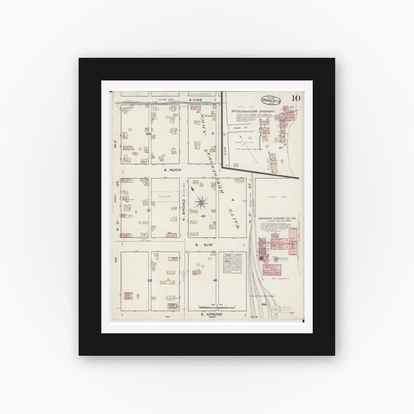 Old map wall art mockup — black gallery frame with white mat — Sanborn Fire Insurance Map from Mankato, Blue Earth County, Minnesota (1884), Sheet #0010