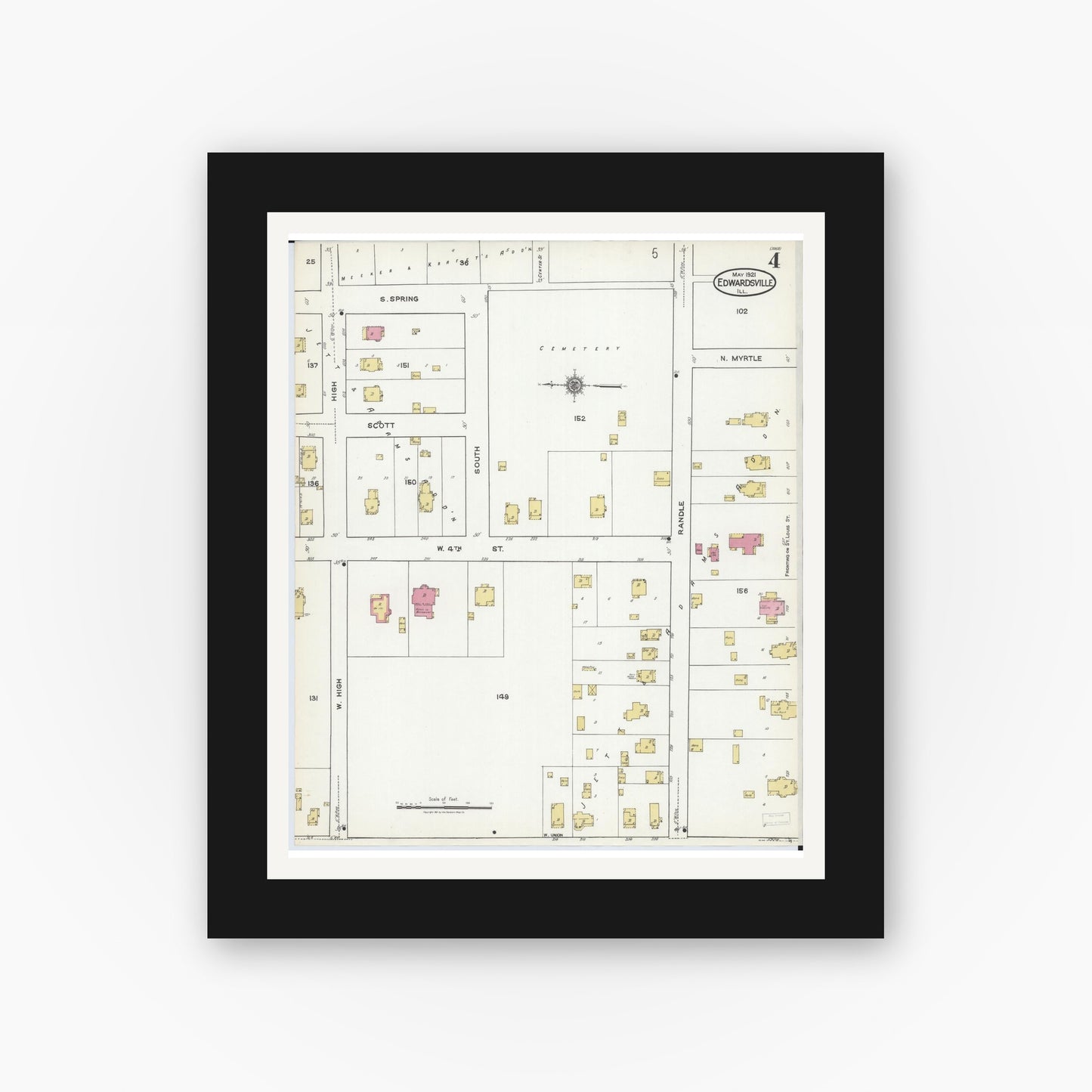 Old map wall art mockup — black gallery frame with white mat — Sanborn Fire Insurance Map from Edwardsville, Madison County, Illinois (1921), Sheet #0004