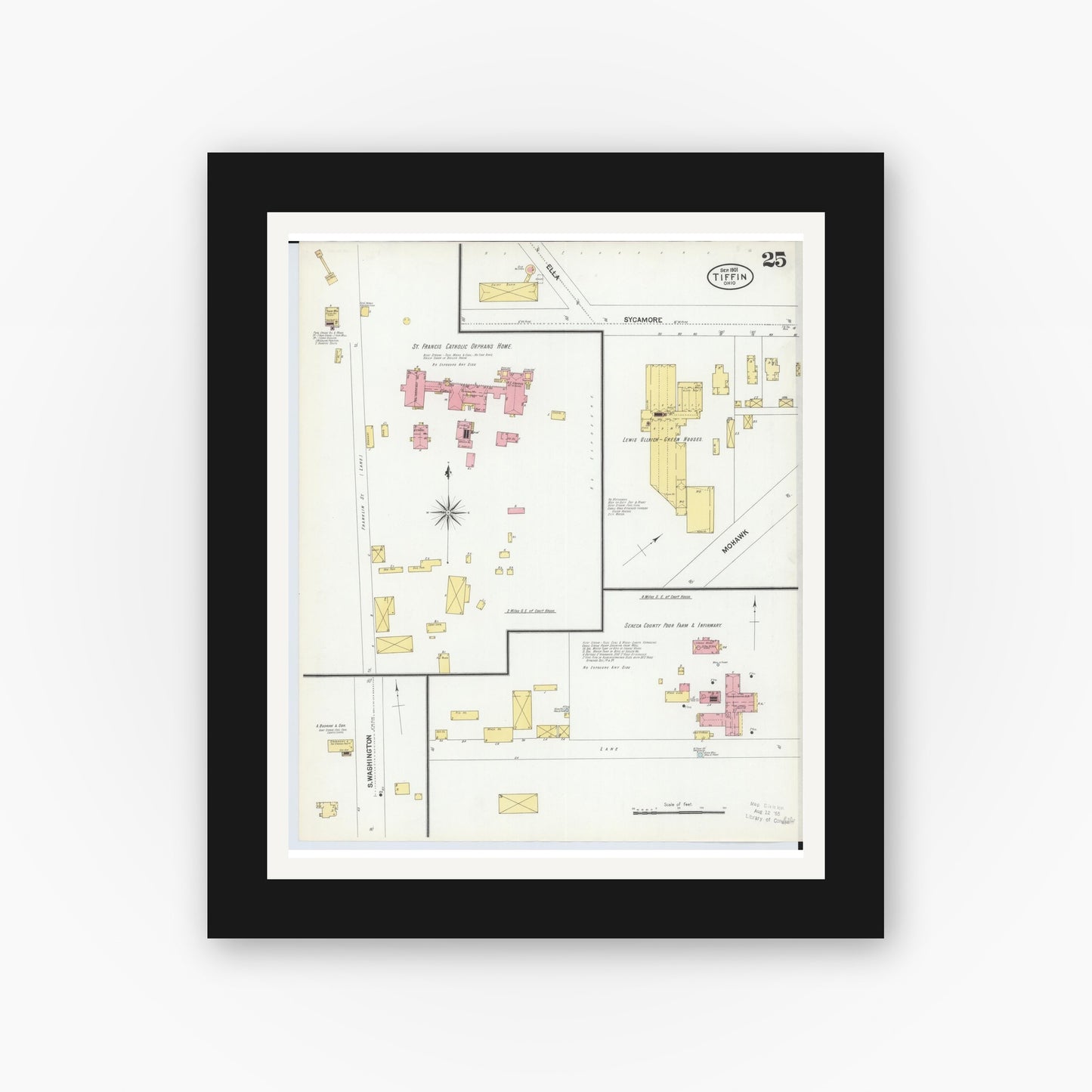 Old map wall art mockup — black gallery frame with white mat — Sanborn Fire Insurance Map from Tiffin, Seneca County, Ohio (1901), Sheet #0025