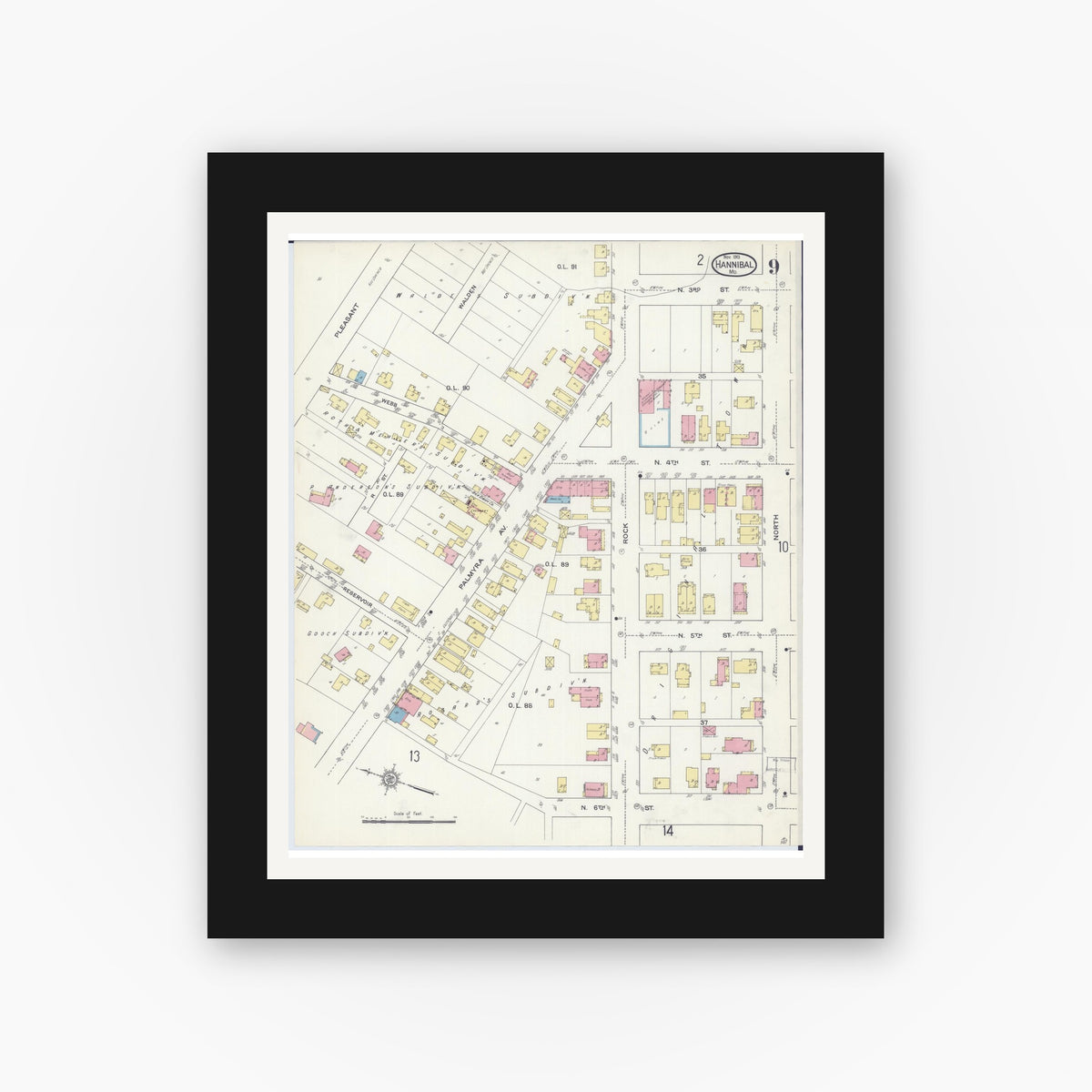 Old map wall art mockup β black gallery frame with white mat β Sanborn Fire Insurance Map from Hannibal, Marion County, Missouri (1913), Sheet #0009