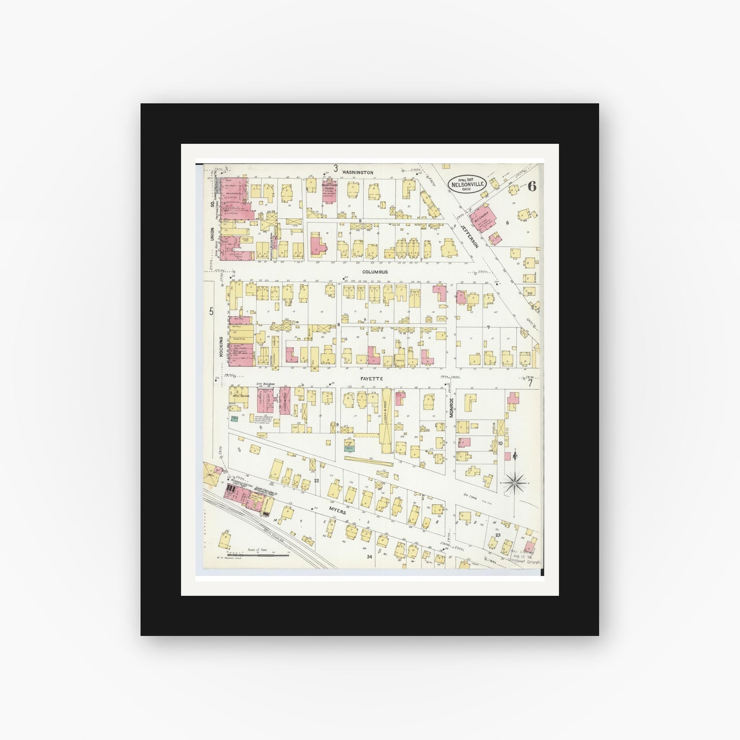 Old map wall art mockup — black gallery frame with white mat — Sanborn Fire Insurance Map from Nelsonville, Athens County, Ohio (1907), Sheet #0006
