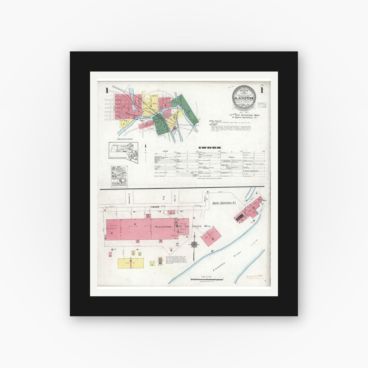 Old map wall art mockup — black gallery frame with white mat — Sanborn Fire Insurance Map from Blackstone, Worcester County, Massachusetts (1923) - Complete Map Set