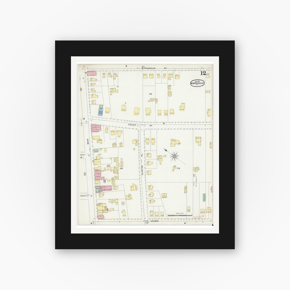 Old map wall art mockup — black gallery frame with white mat — Sanborn Fire Insurance Map from New Rochelle, Westchester County, New York (1896), Sheet #0012