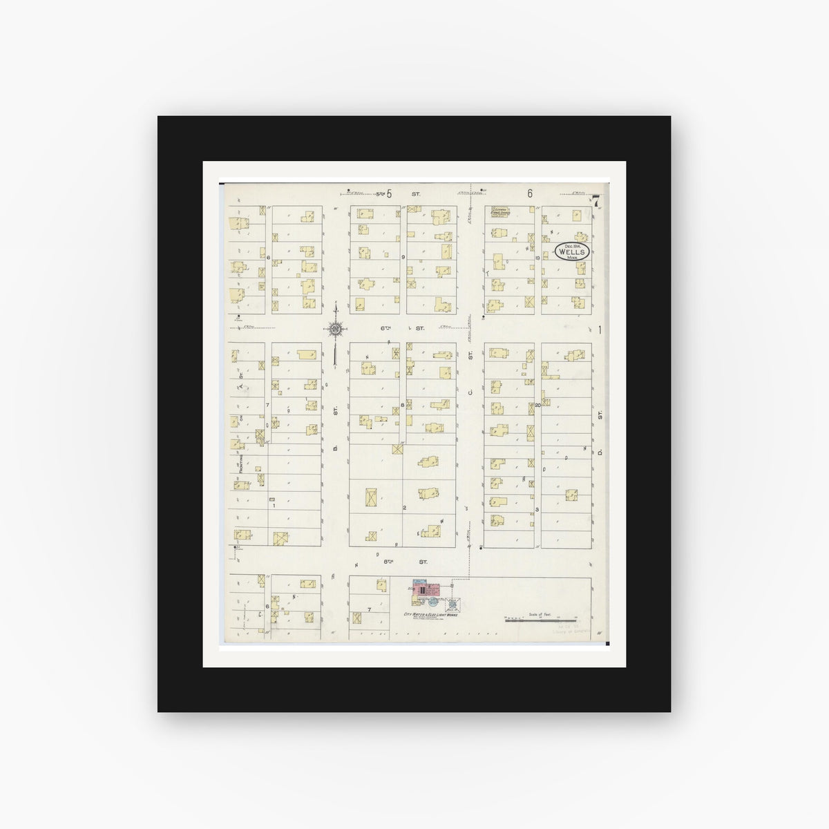 Old map wall art mockup — black gallery frame with white mat — Sanborn Fire Insurance Map from Wells, Faribault County, Minnesota (1914), Sheet #0007