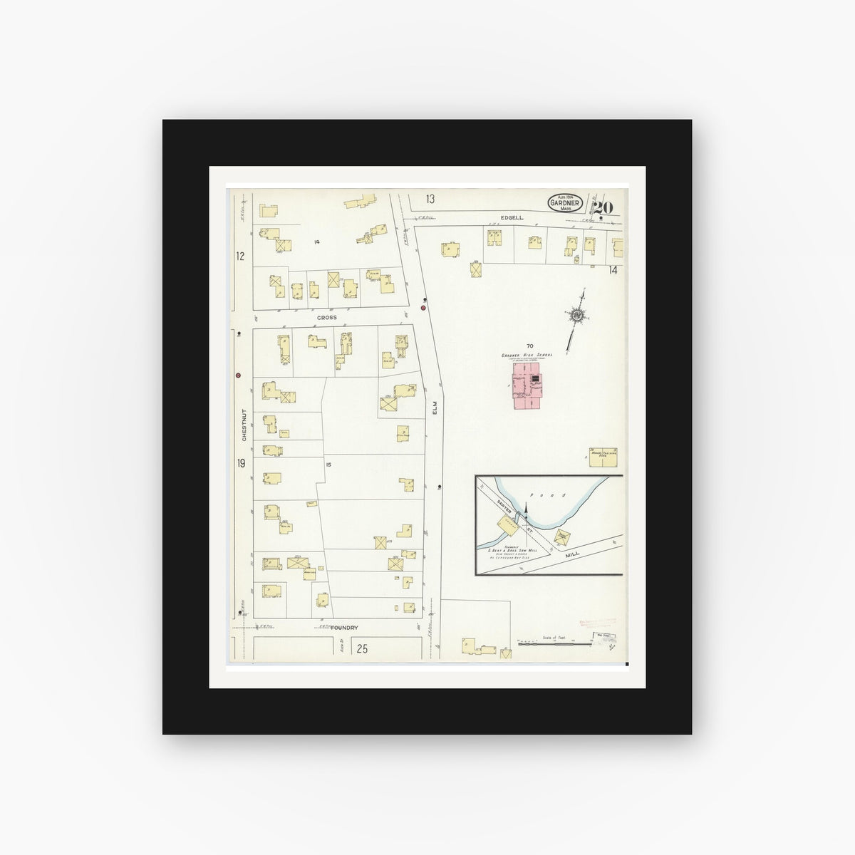 Old map wall art mockup — black gallery frame with white mat — Sanborn Fire Insurance Map from Gardner, Worcester County, Massachusetts (1914), Sheet #0020