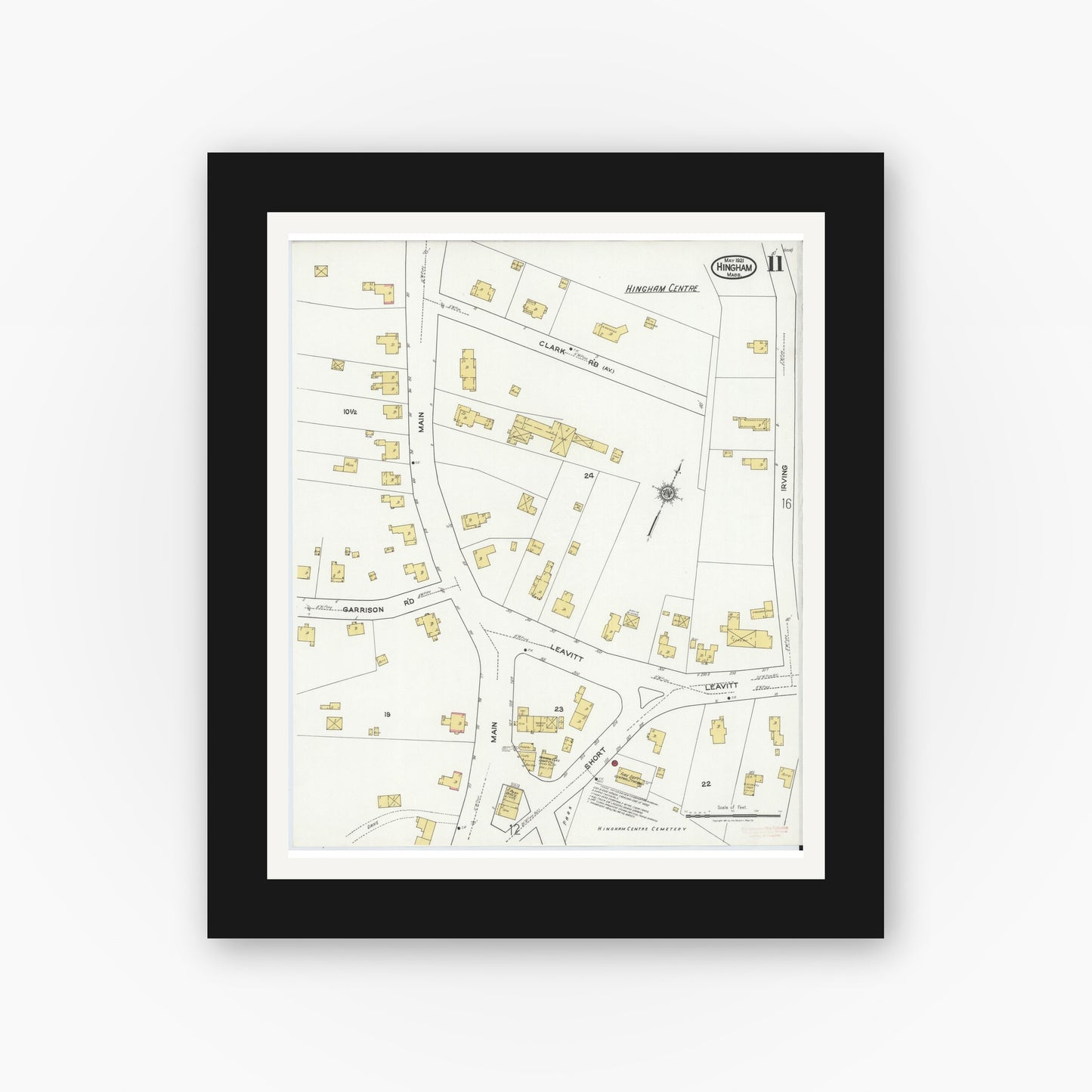 Old map wall art mockup — black gallery frame with white mat — Sanborn Fire Insurance Map from Hingham, Plymouth County, Massachusetts (1921), Sheet #0011