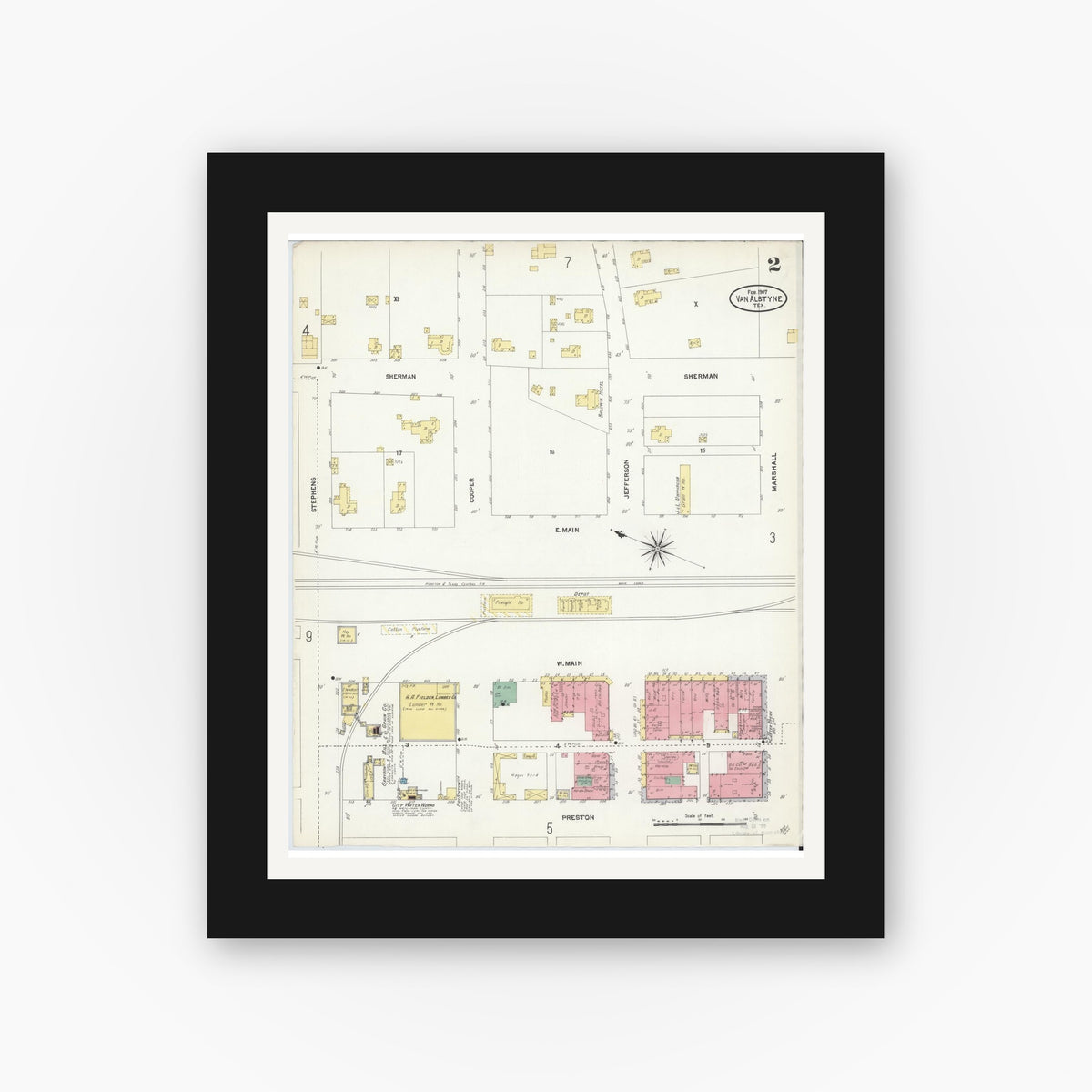Old map wall art mockup — black gallery frame with white mat — Sanborn Fire Insurance Map from Van Alstyne, Grayson County, Texas (1907), Sheet #0002