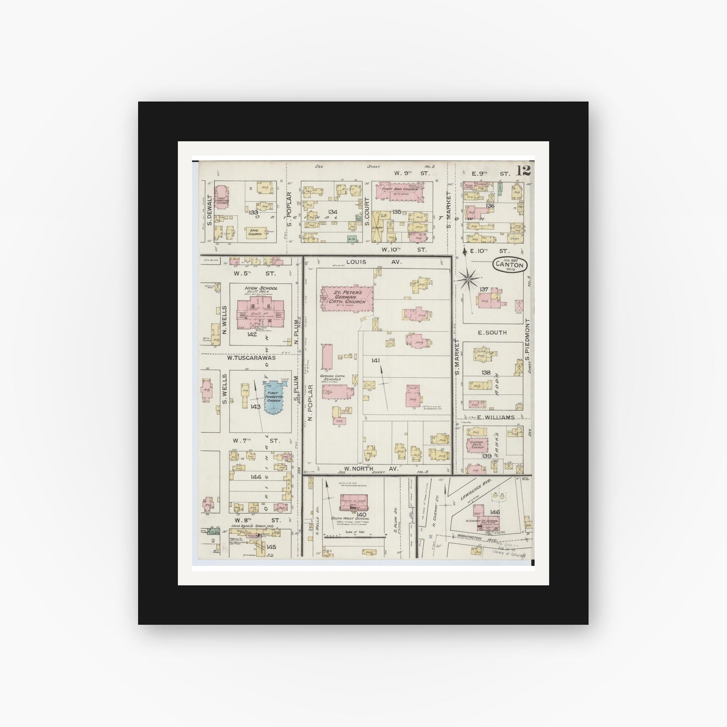 Old map wall art mockup — black gallery frame with white mat — Sanborn Fire Insurance Map from Canton, Stark County, Ohio (1887), Sheet #0012