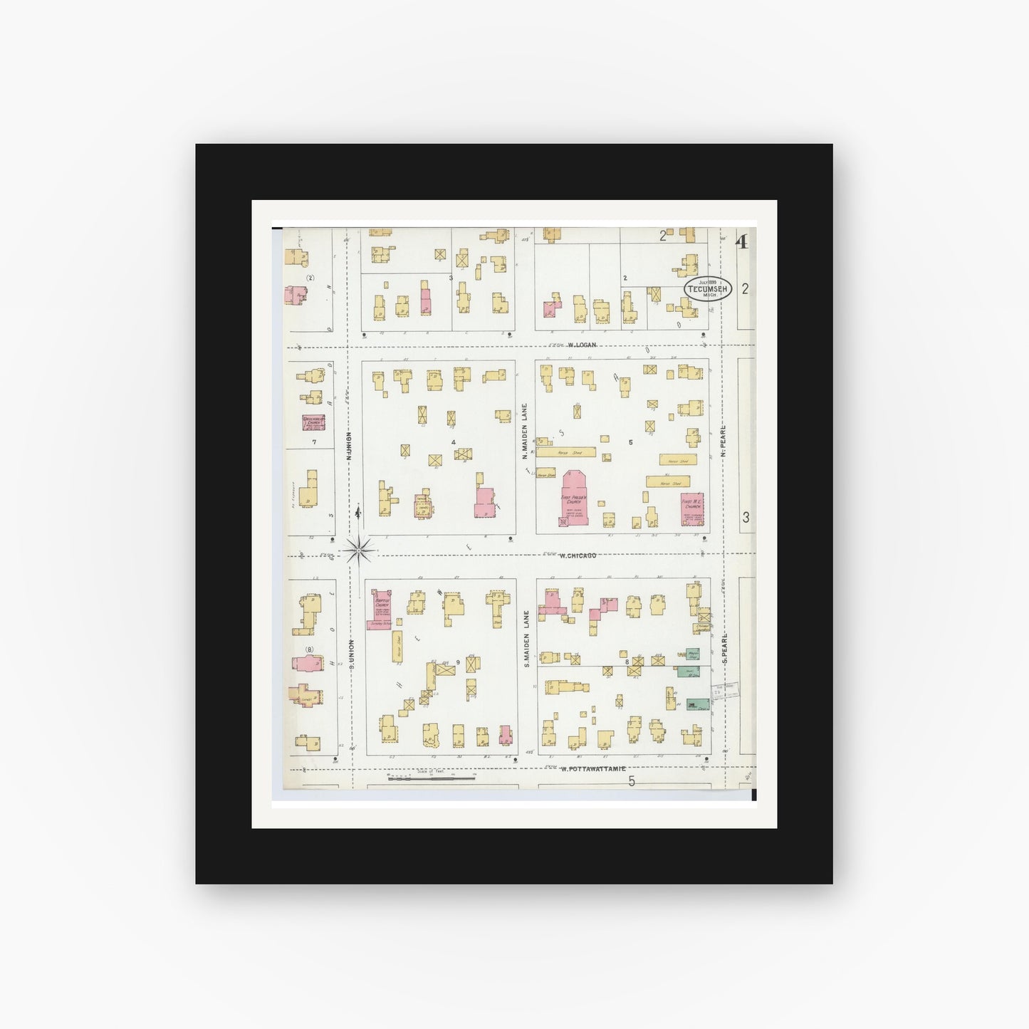 Old map wall art mockup — black gallery frame with white mat — Sanborn Fire Insurance Map from Tecumseh, Lenawee County, Michigan (1899), Sheet #0004