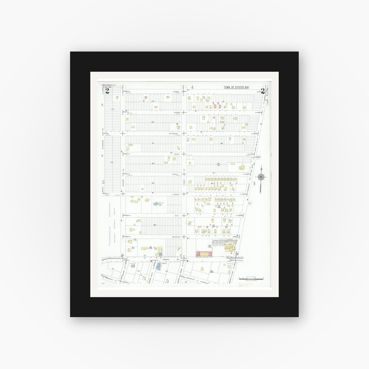 Old map wall art mockup — black gallery frame with white mat — Sanborn Fire Insurance Map from Massapequa, Nassau County, New York (1948), Sheet #0002
