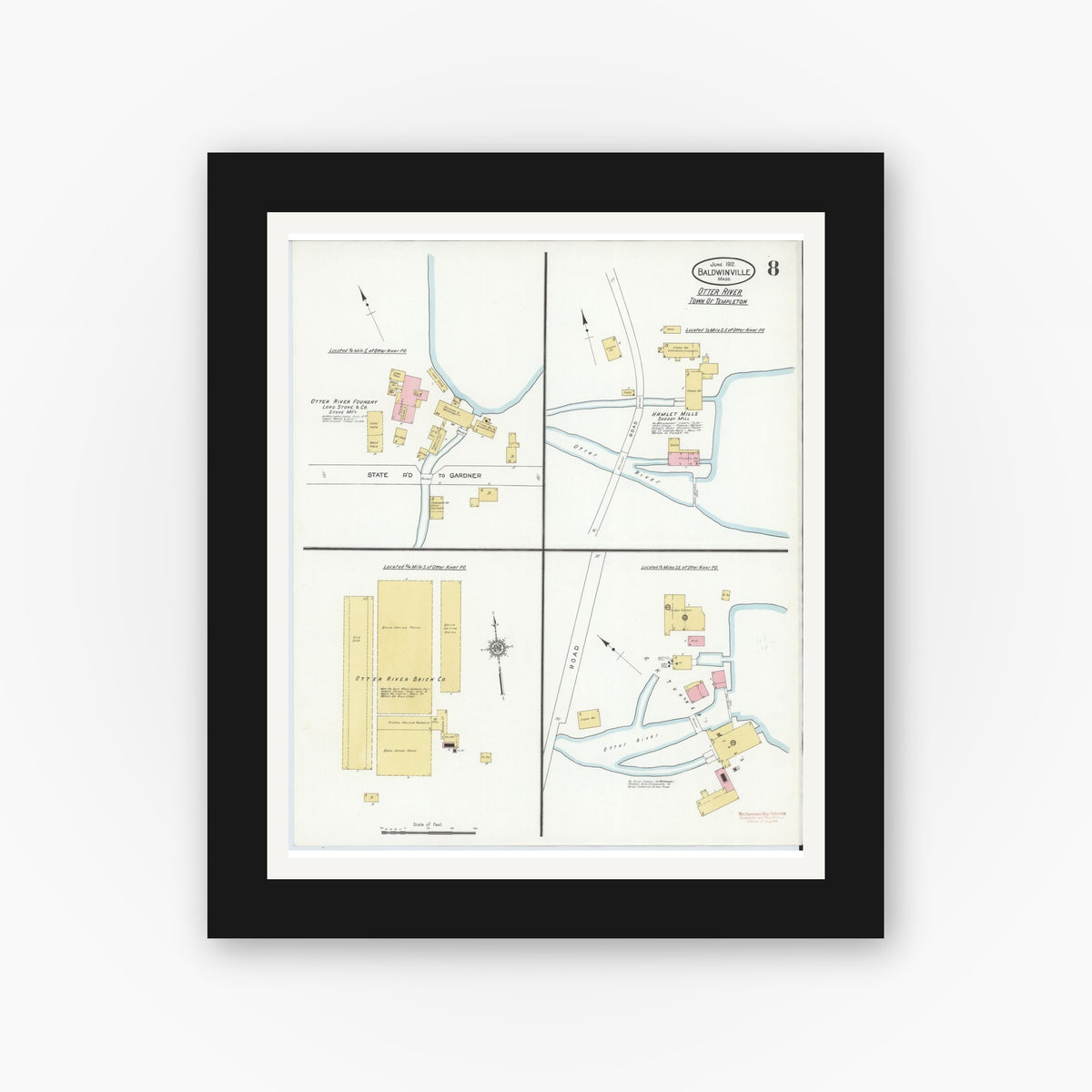 Old map wall art mockup — black gallery frame with white mat — Sanborn Fire Insurance Map from Baldwinville, Worcester County, Massachusetts (1912), Sheet #0008