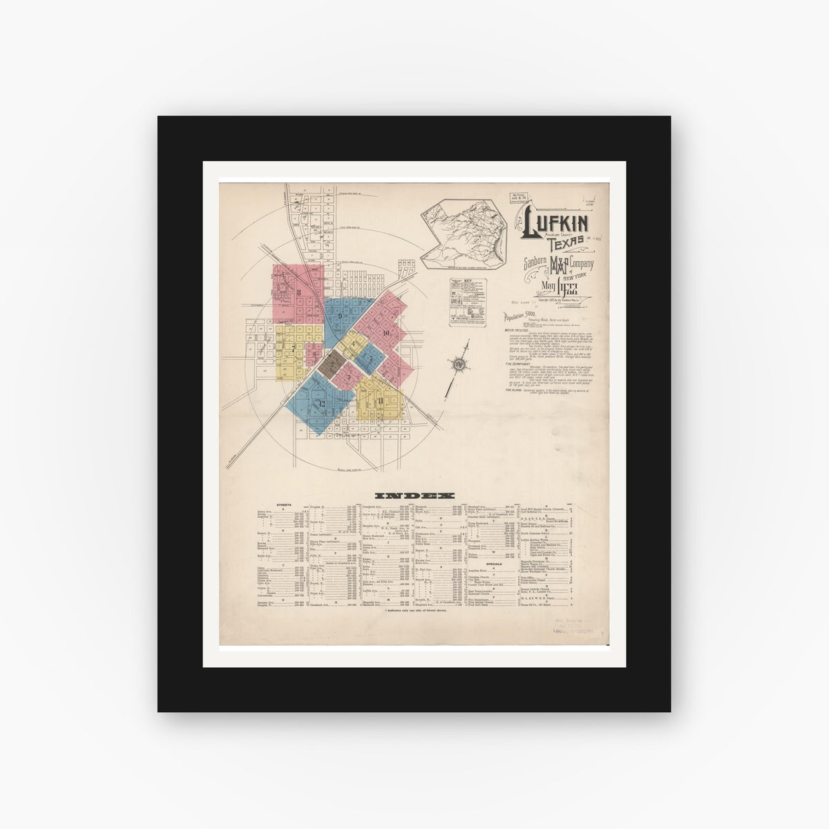 Old map wall art mockup — black gallery frame with white mat — Sanborn Fire Insurance Map from Lufkin, Angelina County, Texas (1922) - Complete Map Set
