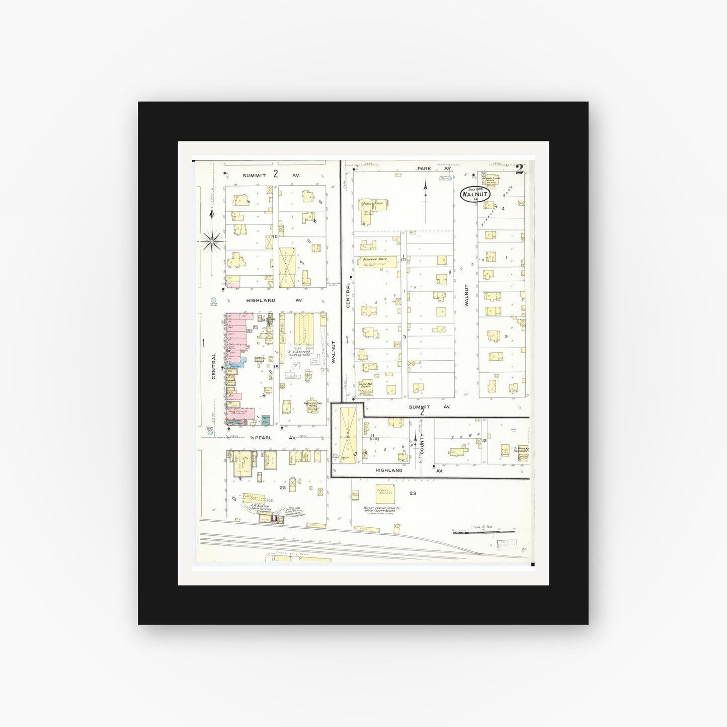Old map wall art mockup — black gallery frame with white mat — Sanborn Fire Insurance Map from Walnut, Pottawattamie County, Iowa (1909), Sheet #0002