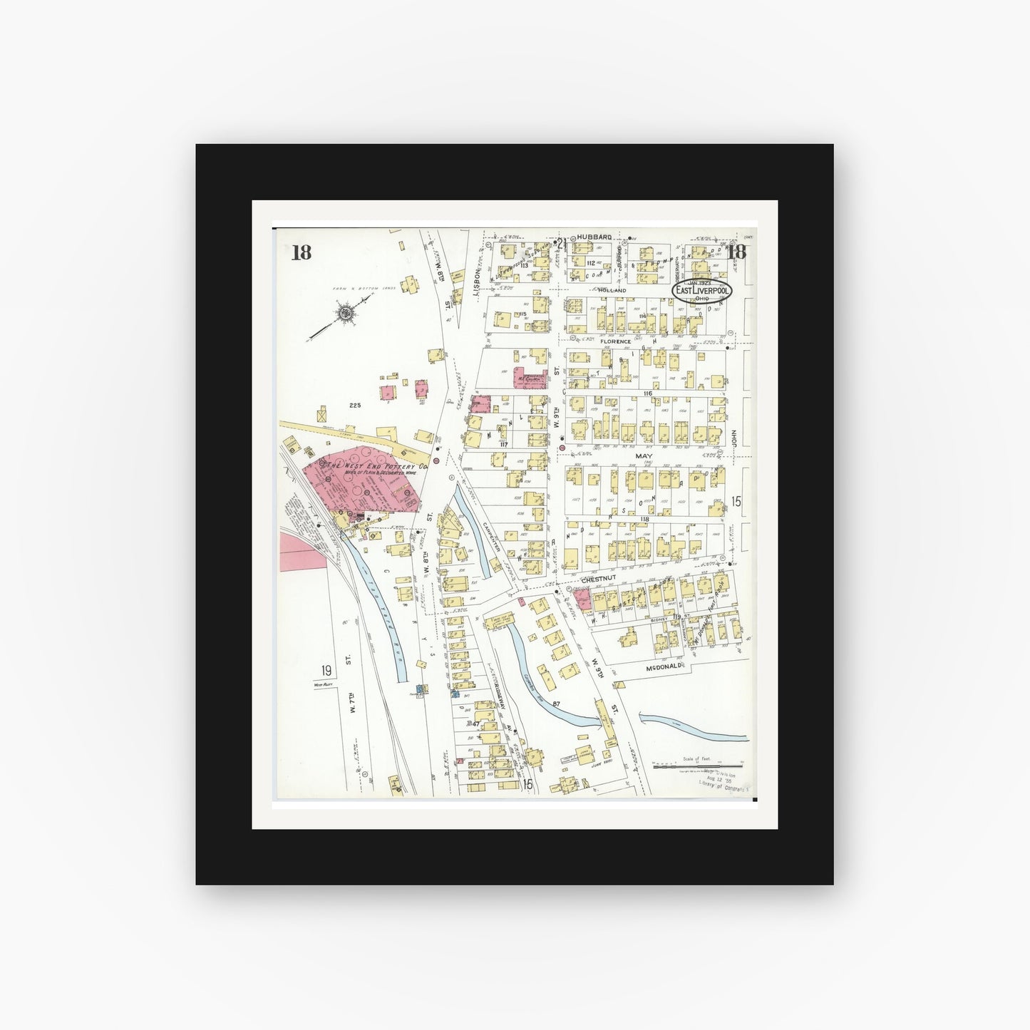 Old map wall art mockup — black gallery frame with white mat — Sanborn Fire Insurance Map from East Liverpool, Columbiana County, Ohio (1923), Sheet #0018