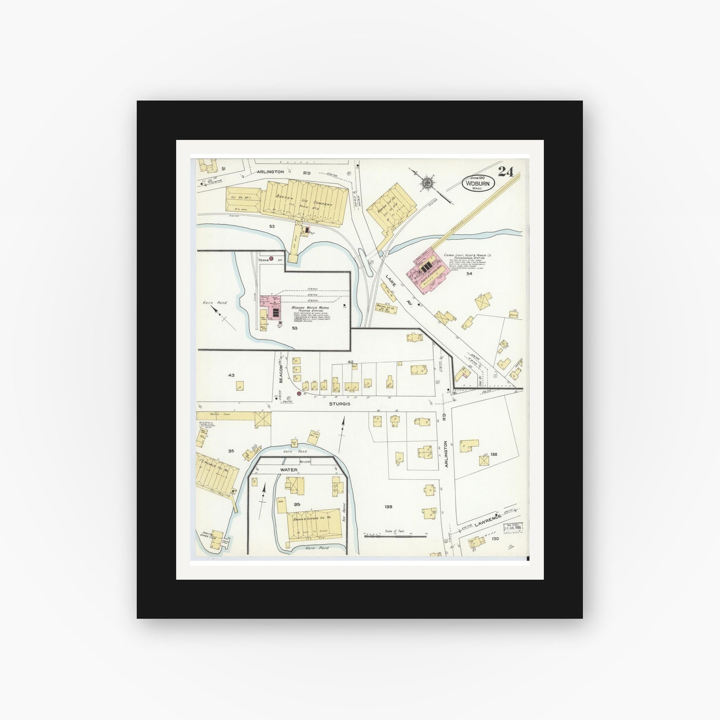 Old map wall art mockup — black gallery frame with white mat — Sanborn Fire Insurance Map from Woburn, Middlesex County, Massachusetts (1910), Sheet #0024
