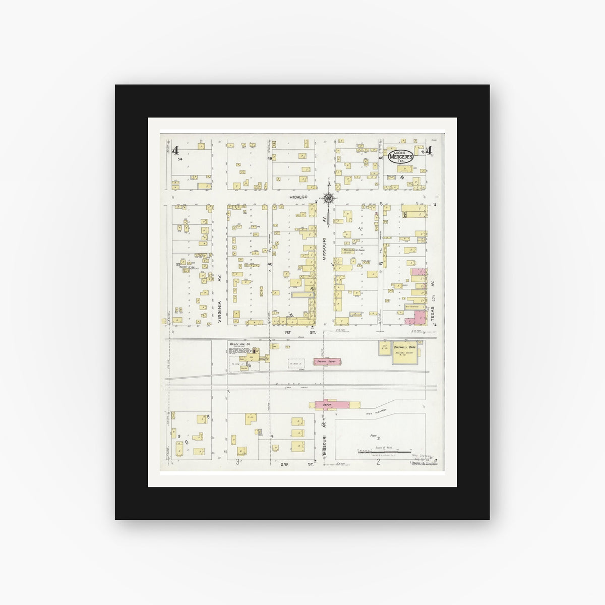 Old map wall art mockup — black gallery frame with white mat — Sanborn Fire Insurance Map from Mercedes, Hidalgo County, Texas (1925), Sheet #0004