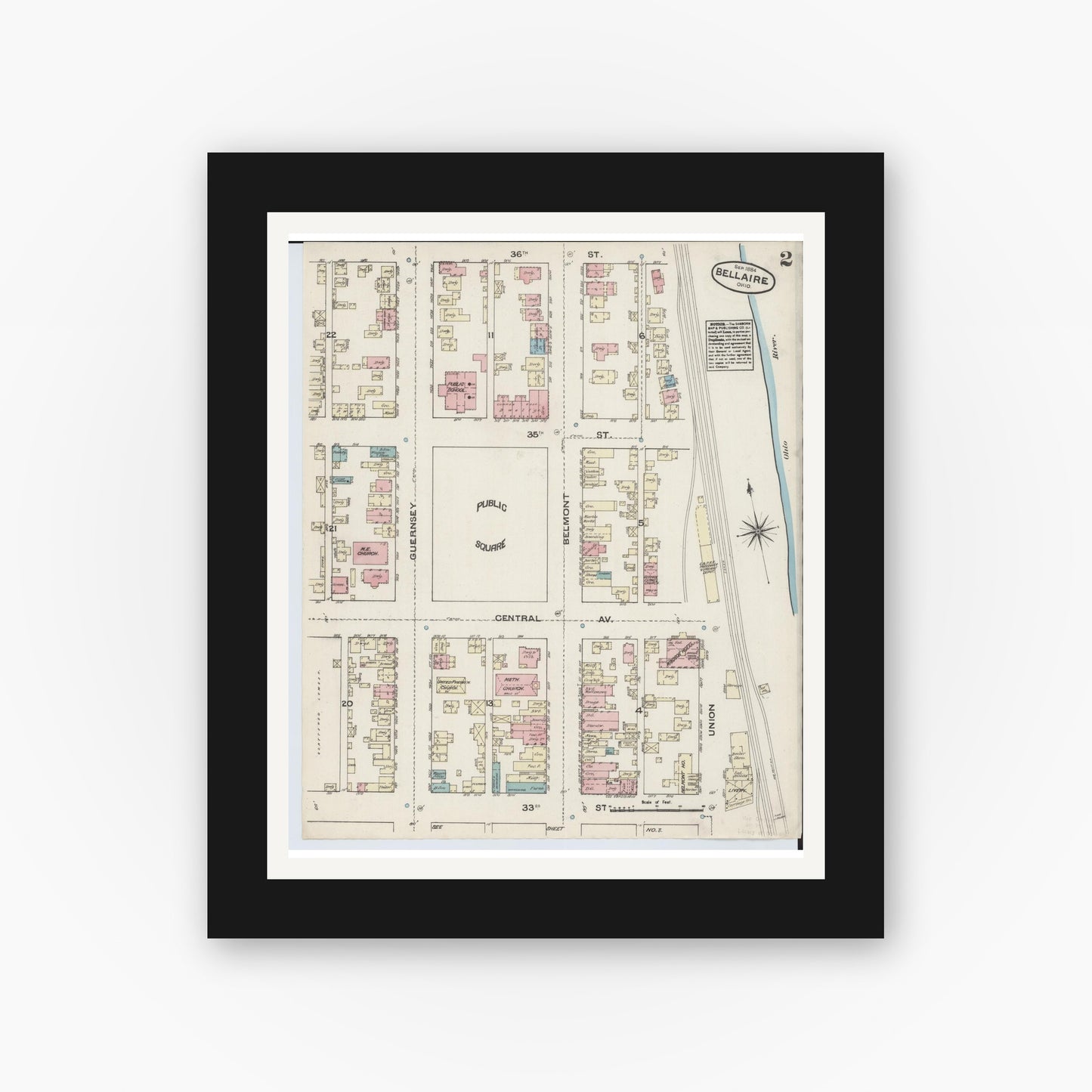 Old map wall art mockup — black gallery frame with white mat — Sanborn Fire Insurance Map from Bellaire, Belmont County, Ohio (1884), Sheet #0002