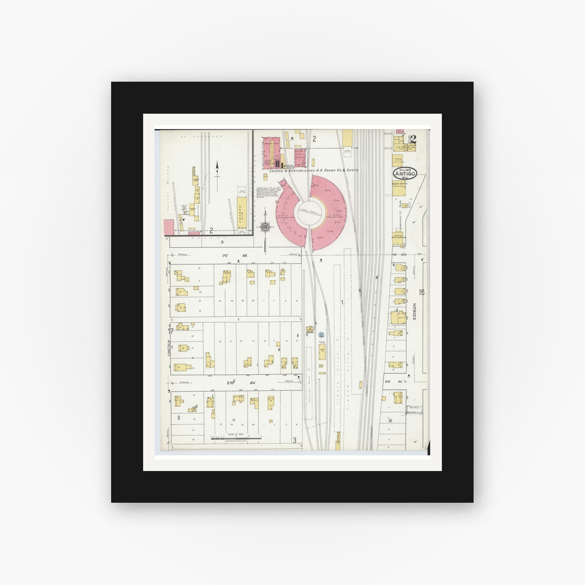 Old map wall art mockup — black gallery frame with white mat — Sanborn Fire Insurance Map from Antigo, Langlade County, Wisconsin (1919), Sheet #0002