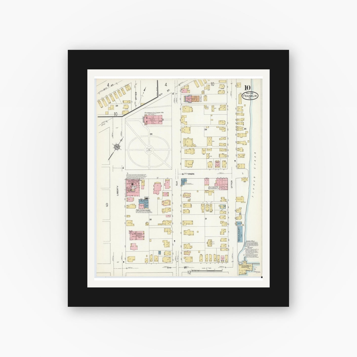 Old map wall art mockup — black gallery frame with white mat — Sanborn Fire Insurance Map from Franklin, Venango County, Pennsylvania (1912), Sheet #0010