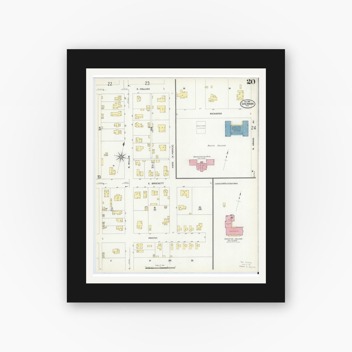 Old map wall art mockup — black gallery frame with white mat — Sanborn Fire Insurance Map from Sherman, Grayson County, Texas (1908), Sheet #0020