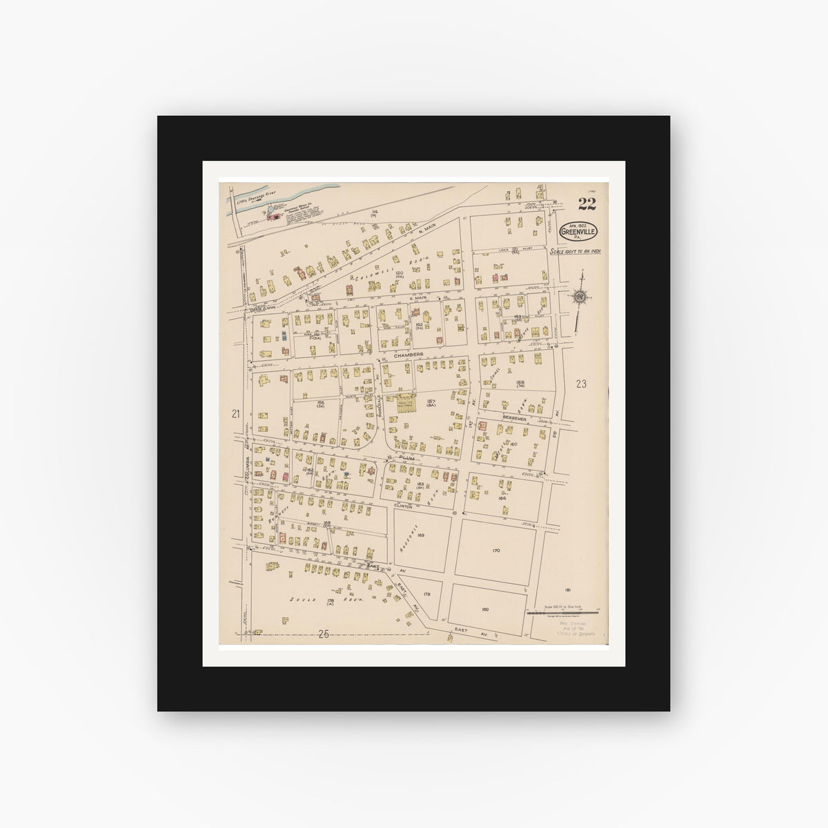 Old map wall art mockup — black gallery frame with white mat — Sanborn Fire Insurance Map from Greenville, Mercer County, Pennsylvania (1922), Sheet #0022