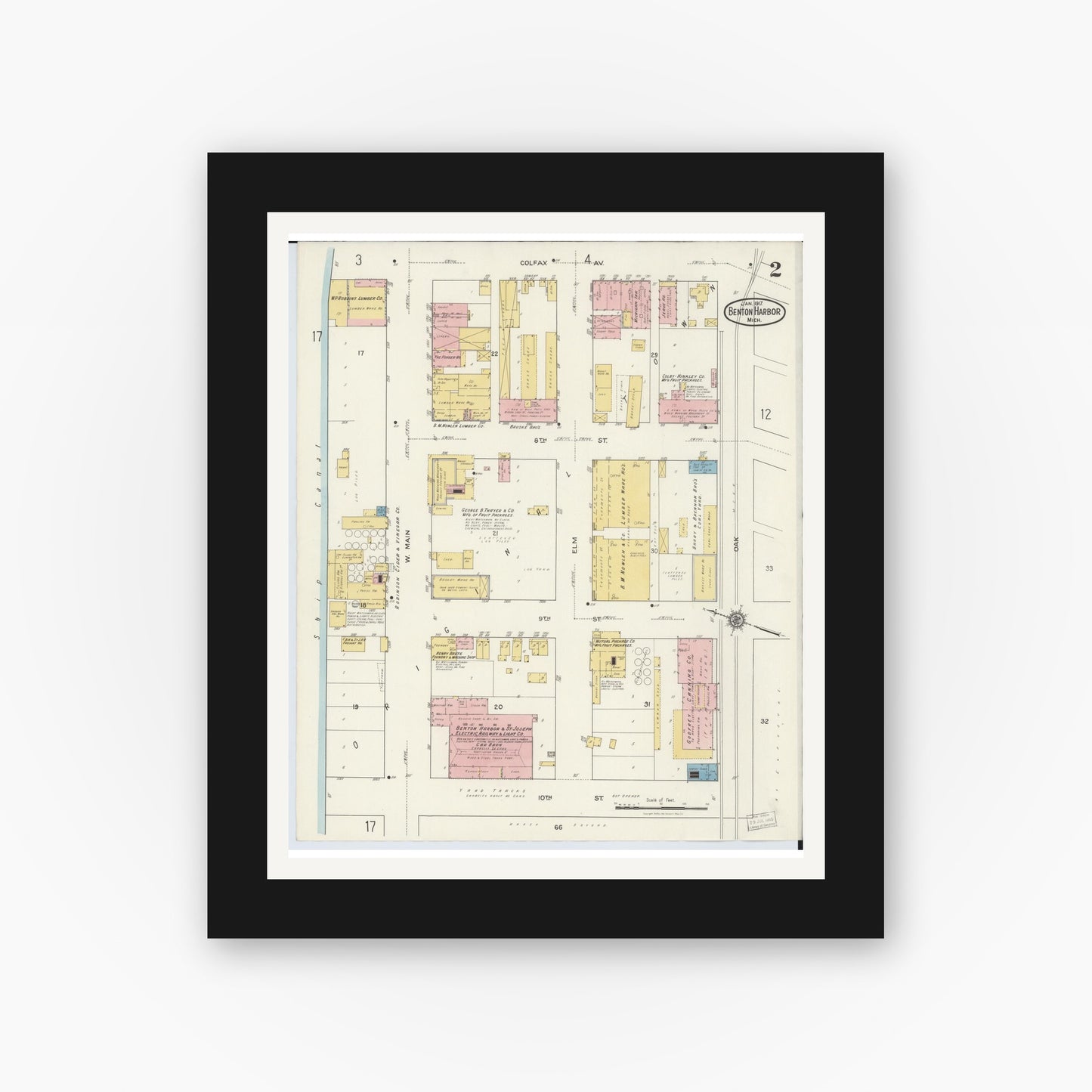 Old map wall art mockup — black gallery frame with white mat — Sanborn Fire Insurance Map from Benton Harbor, Berrien County, Michigan (1917), Sheet #0002