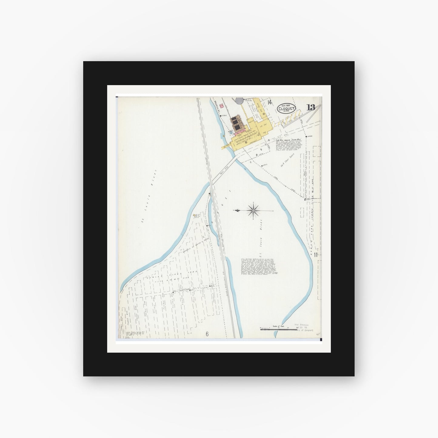 Old map wall art mockup — black gallery frame with white mat — Sanborn Fire Insurance Map from Cloquet, Carlton County, Minnesota (1905), Sheet #0013