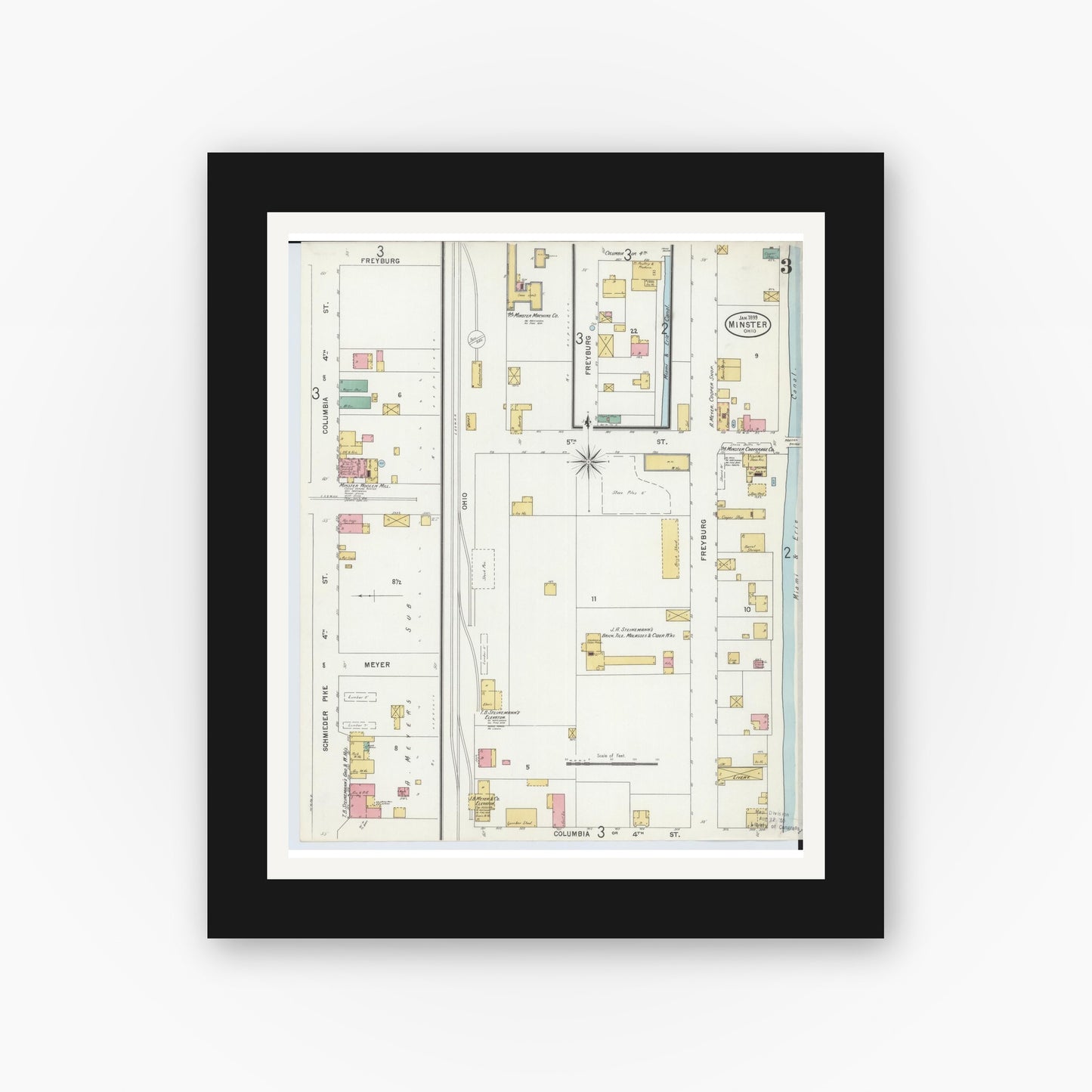 Old map wall art mockup — black gallery frame with white mat — Sanborn Fire Insurance Map from Minster, Auglaize County, Ohio (1899), Sheet #0003