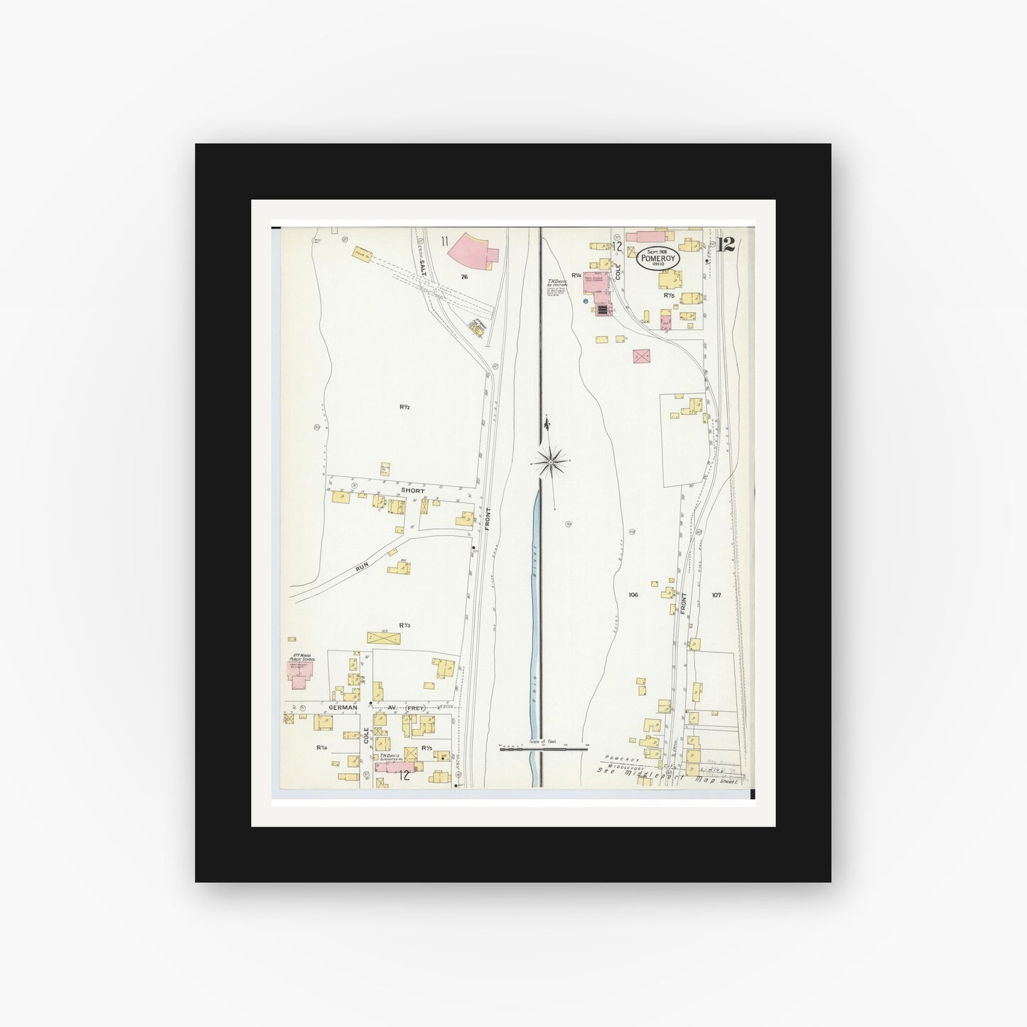 Old map wall art mockup — black gallery frame with white mat — Sanborn Fire Insurance Map from Pomeroy, Meigs County, Ohio (1908), Sheet #0012