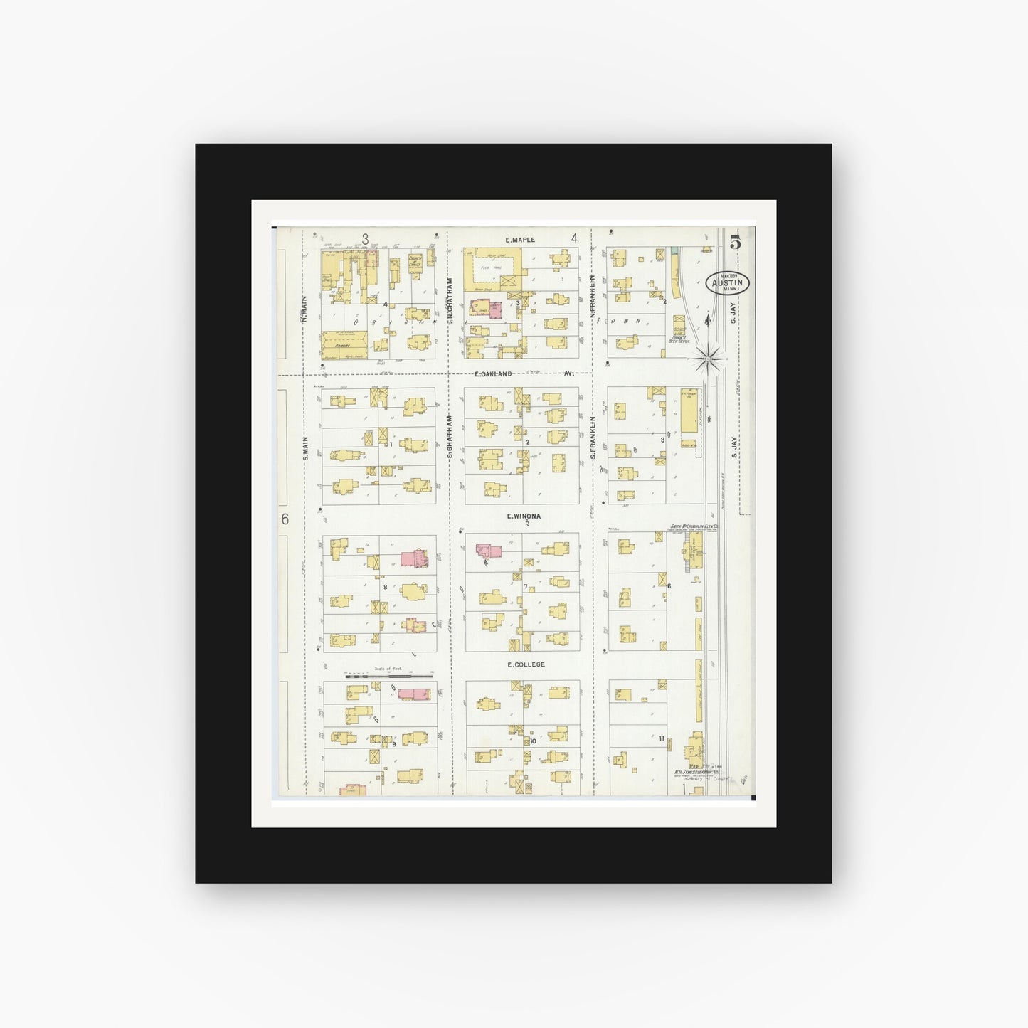 Old map wall art mockup — black gallery frame with white mat — Sanborn Fire Insurance Map from Austin, Mower County, Minnesota (1899), Sheet #0005