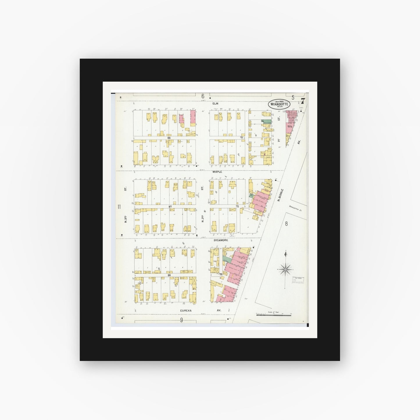 Old map wall art mockup — black gallery frame with white mat — Sanborn Fire Insurance Map from Wyandotte, Wayne County, Michigan (1900), Sheet #0007
