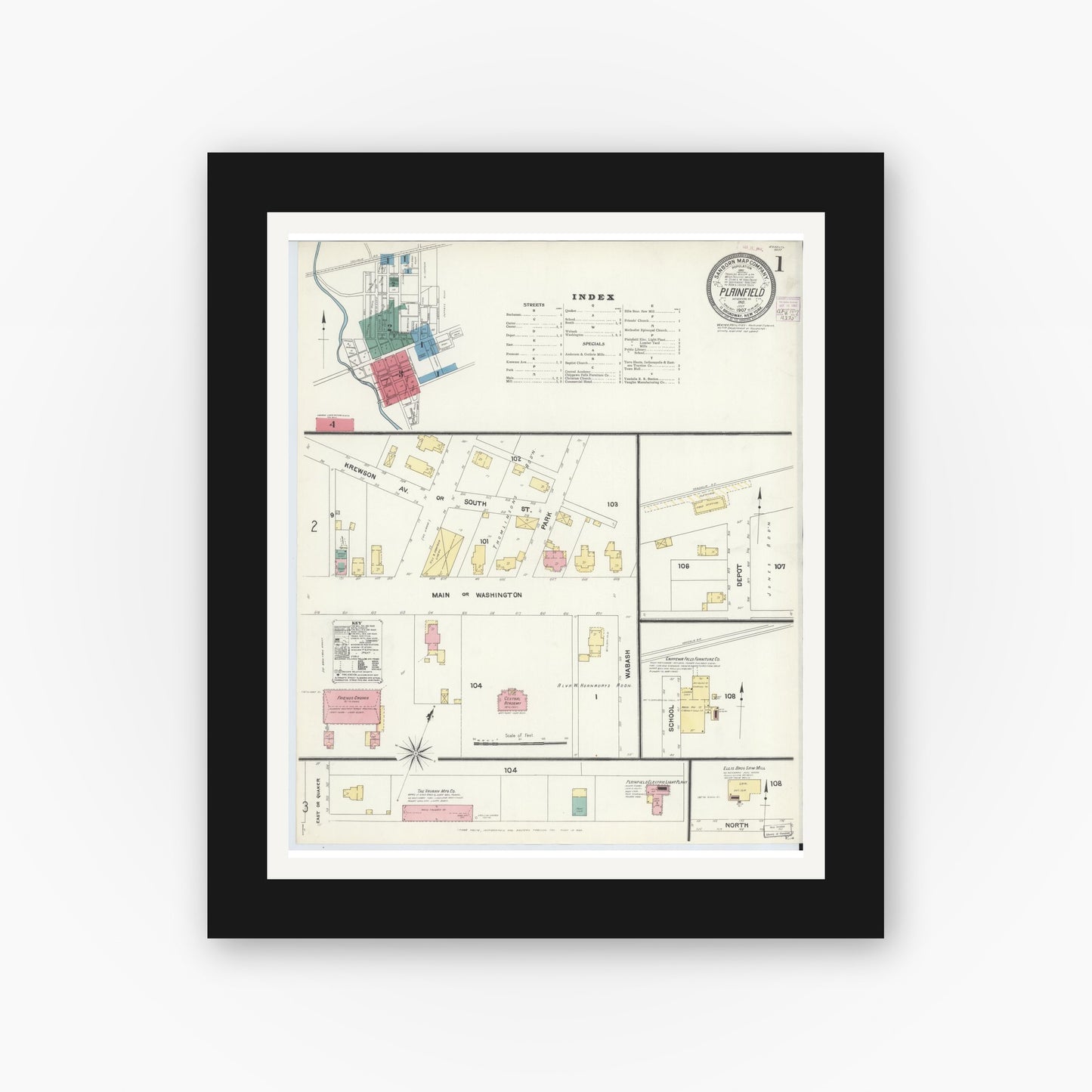 Old map wall art mockup — black gallery frame with white mat — Sanborn Fire Insurance Map from Plainfield, Hendricks County, Indiana (1907), Sheet #0001