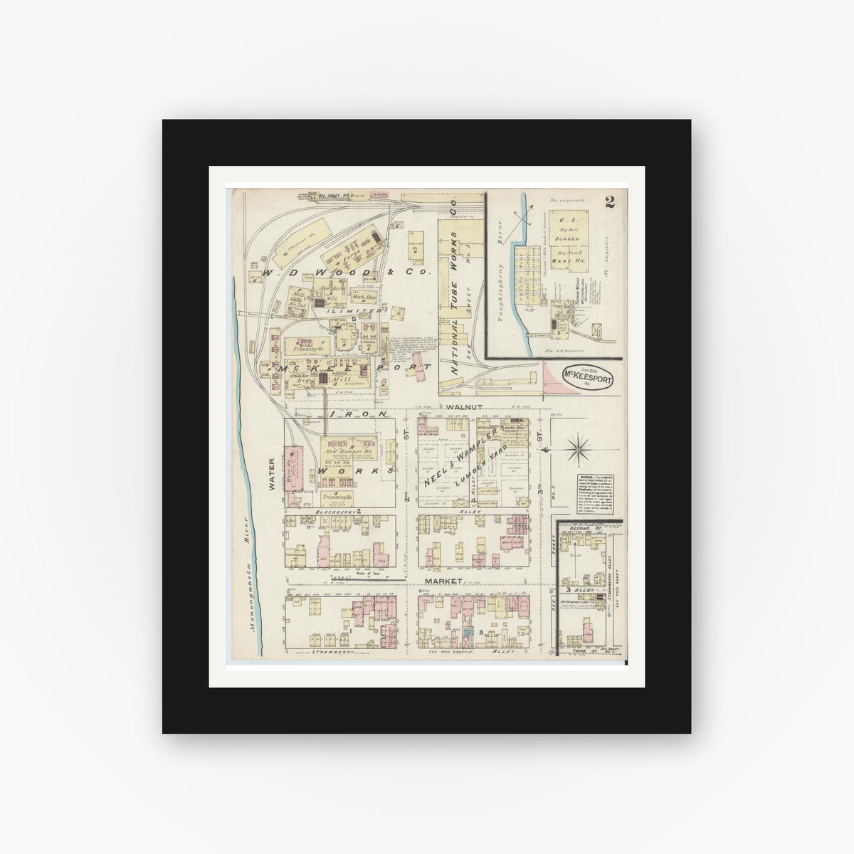 Old map wall art mockup — black gallery frame with white mat — Sanborn Fire Insurance Map from McKeesport, Allegheny County, Pennsylvania (1884), Sheet #0002
